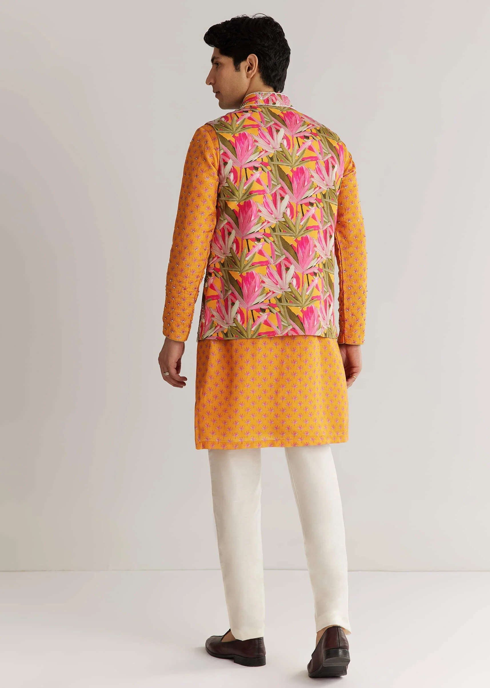 Mustard Yellow Silk 3D Crystal Pearl Floral Kurta Jacket Set - Image 5