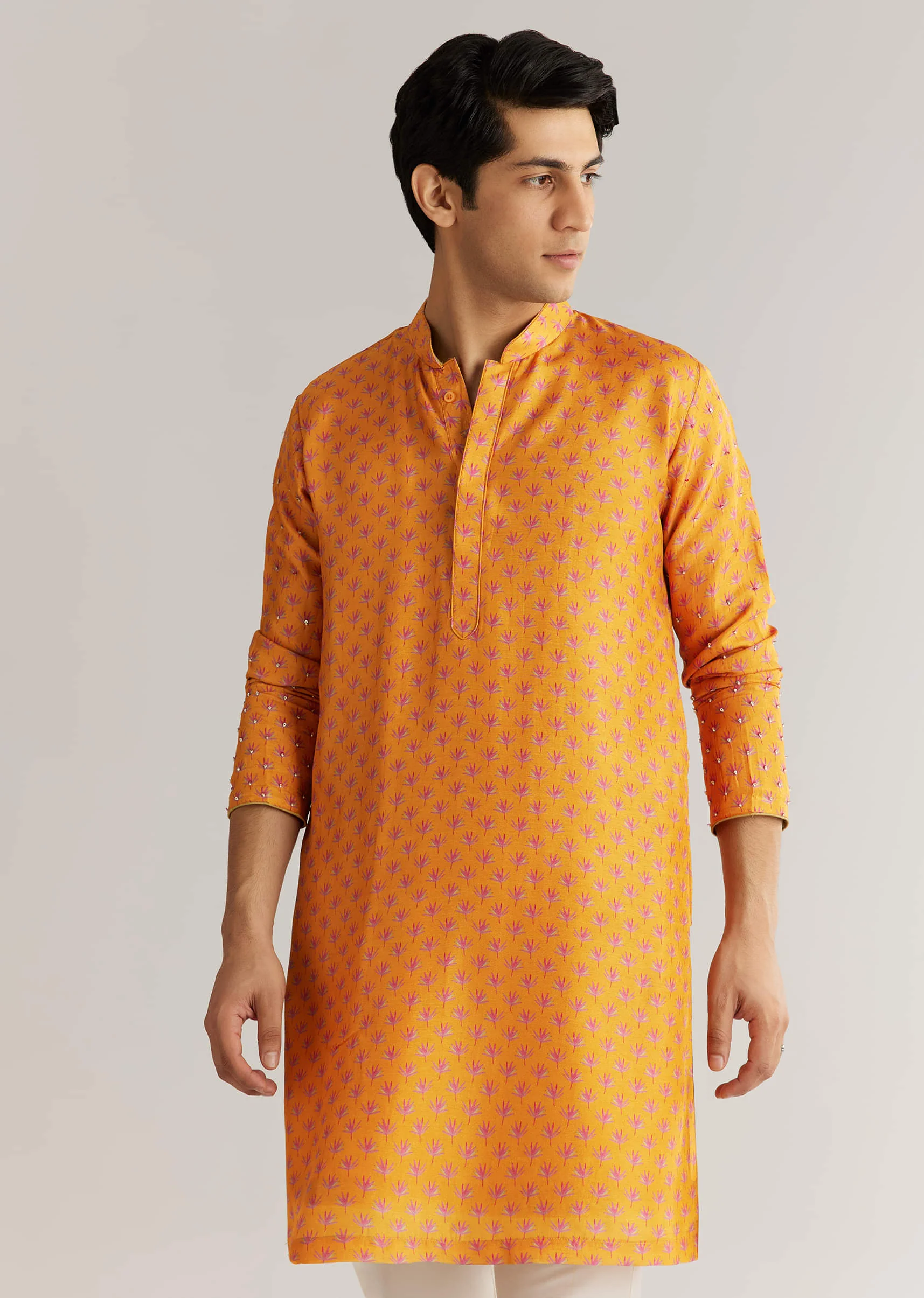 Mustard Yellow Silk 3D Crystal Pearl Floral Kurta Jacket Set - Image 6