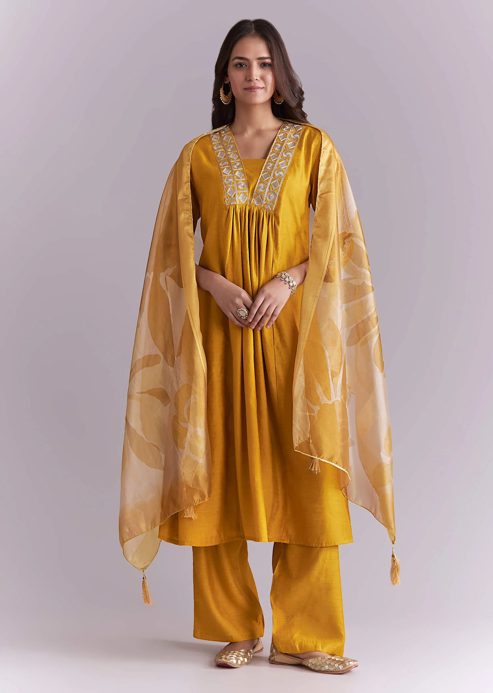 Mustard Yellow Silk Anarkali Suit With Zari Work And Floral Print Dupatta - Image 3