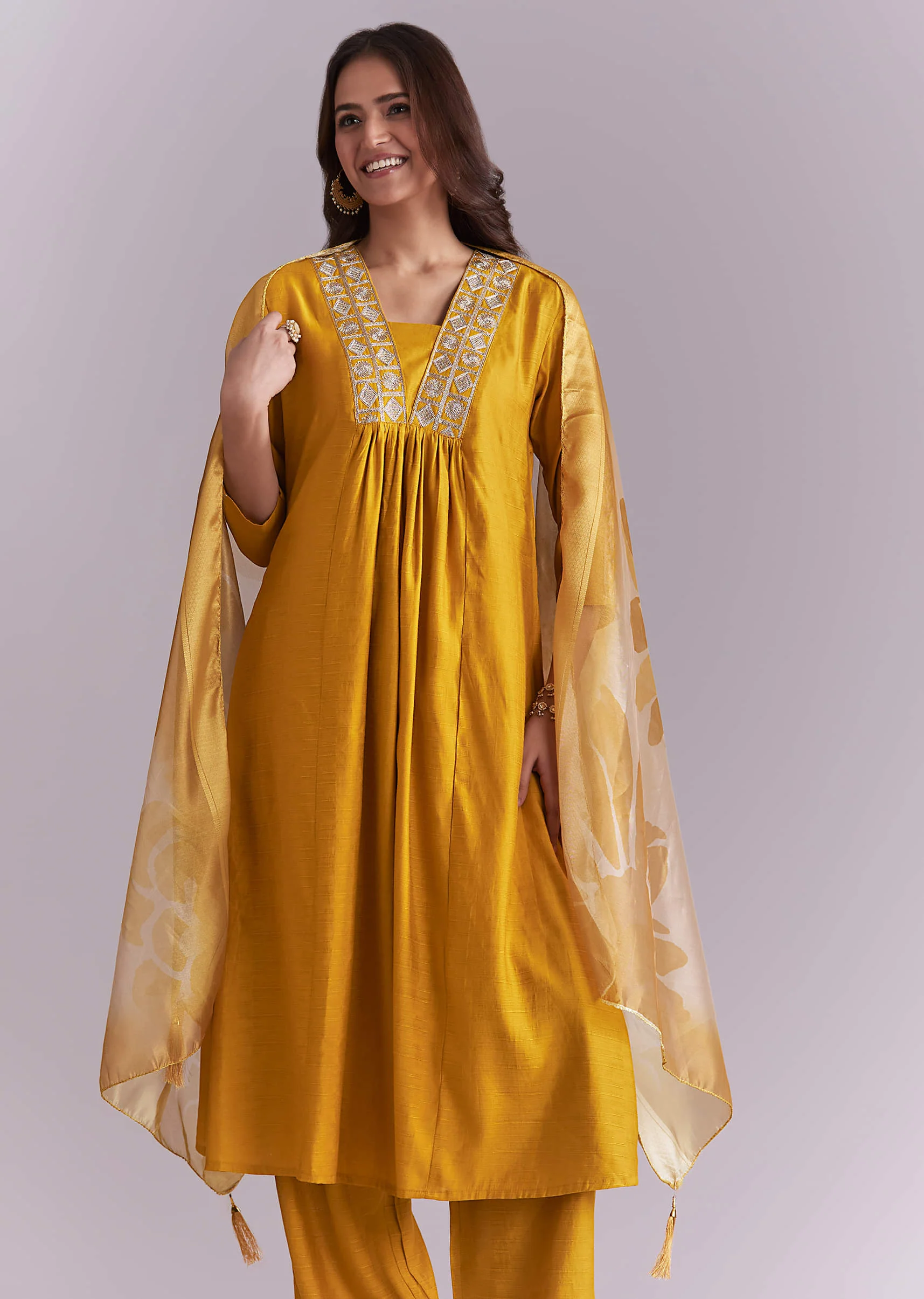 Mustard Yellow Silk Anarkali Suit With Zari Work And Floral Print Dupatta - Image 4