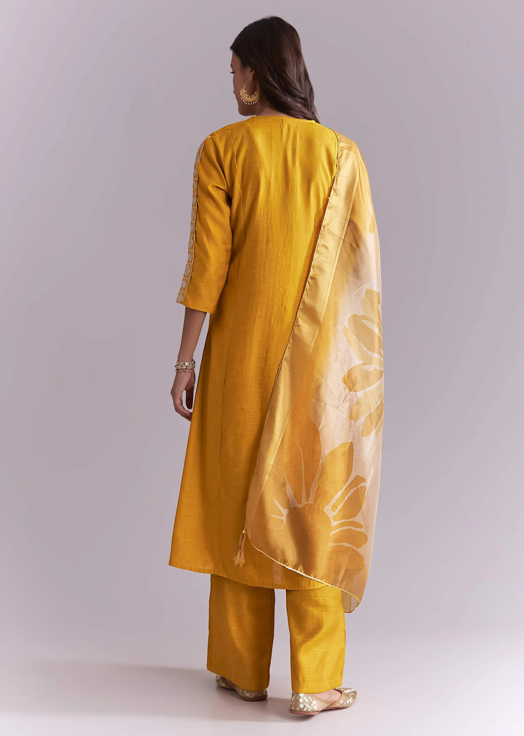 Mustard Yellow Silk Anarkali Suit With Zari Work And Floral Print Dupatta - Image 5