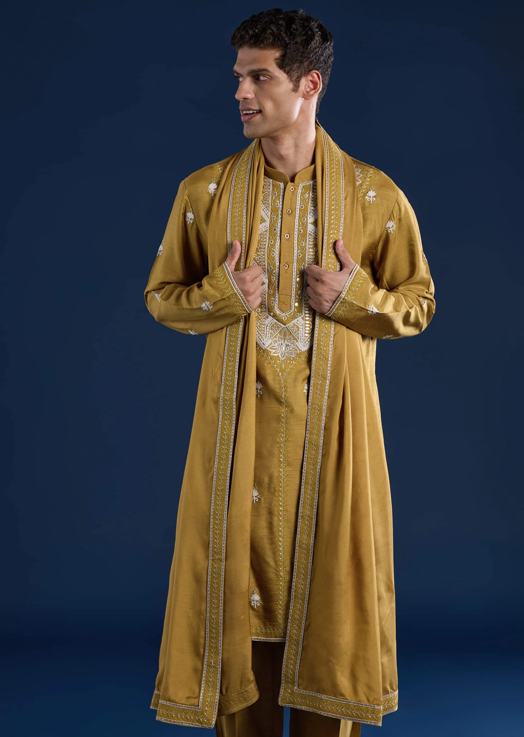 Mustard Yellow Silk Blend Embroidered Mens Kurta Set with Dupatta - Image 2