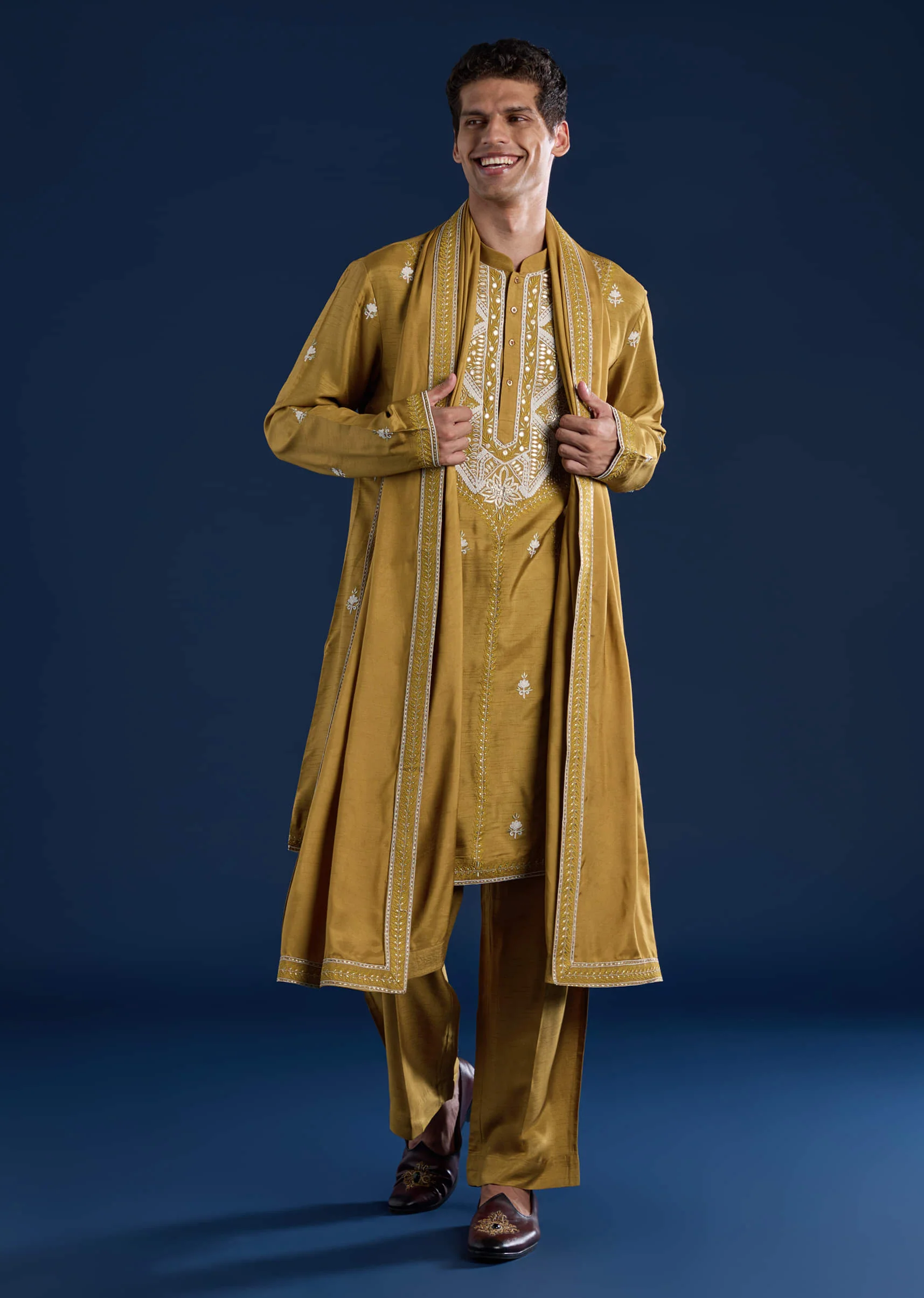 Mustard Yellow Silk Blend Embroidered Mens Kurta Set with Dupatta - Image 3