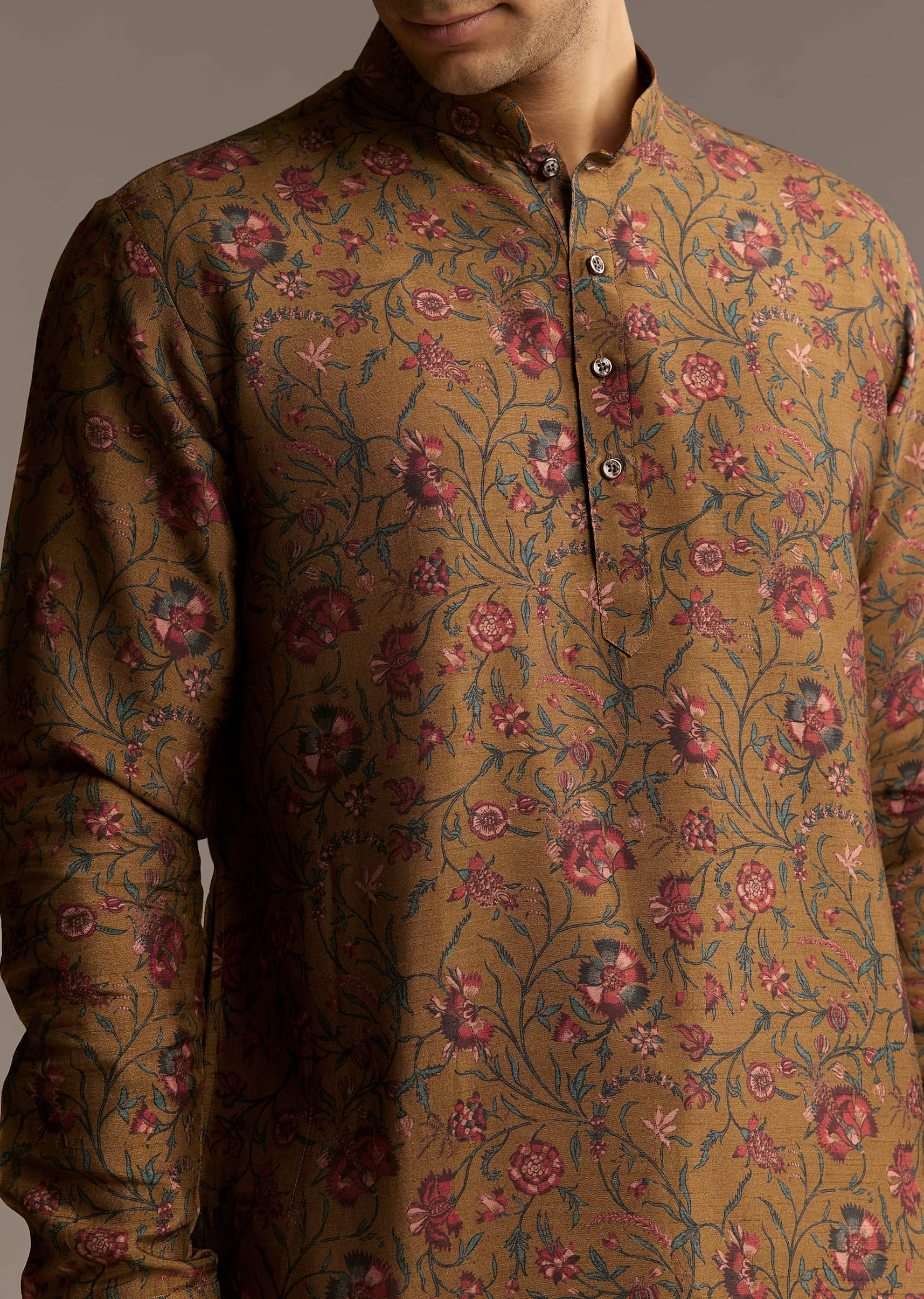 Mustard Yellow Silk Designer Kurta For Men With Vintage Floral Print - Image 2