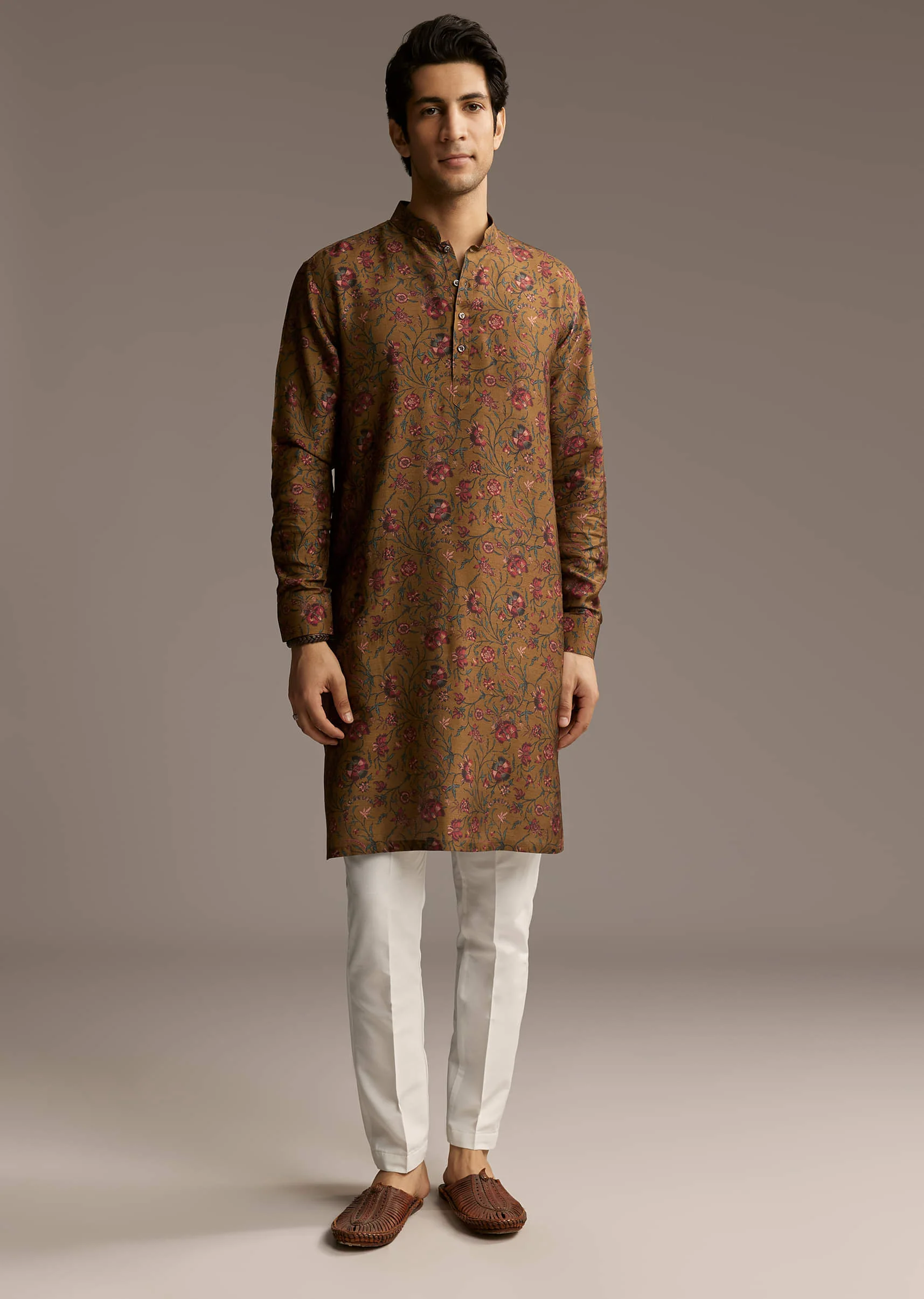 Mustard Yellow Silk Designer Kurta For Men With Vintage Floral Print - Image 3
