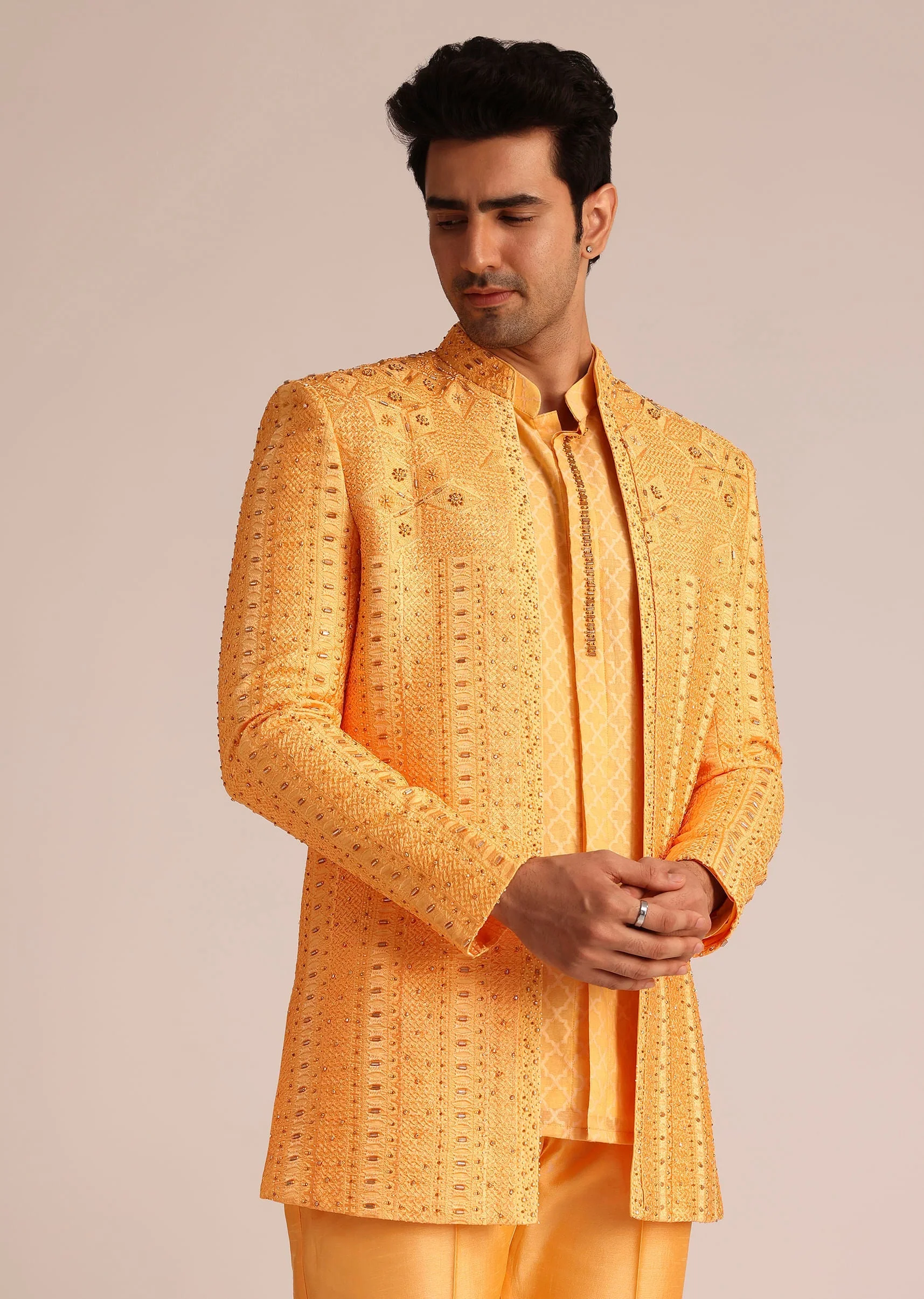 Mustard Yellow Silk Indo Western Set With Zardosi Work - Image 2