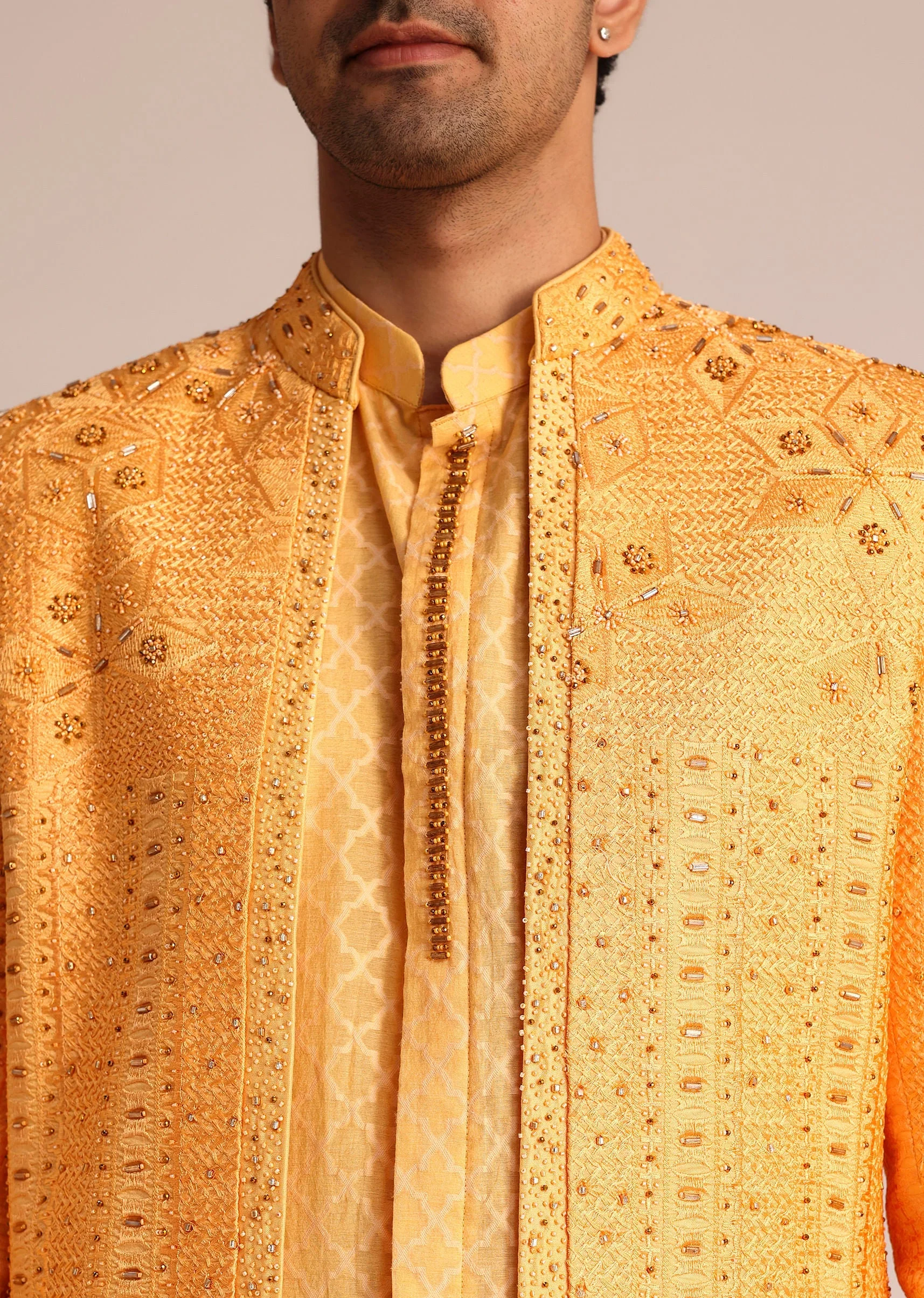 Mustard Yellow Silk Indo Western Set With Zardosi Work - Image 4