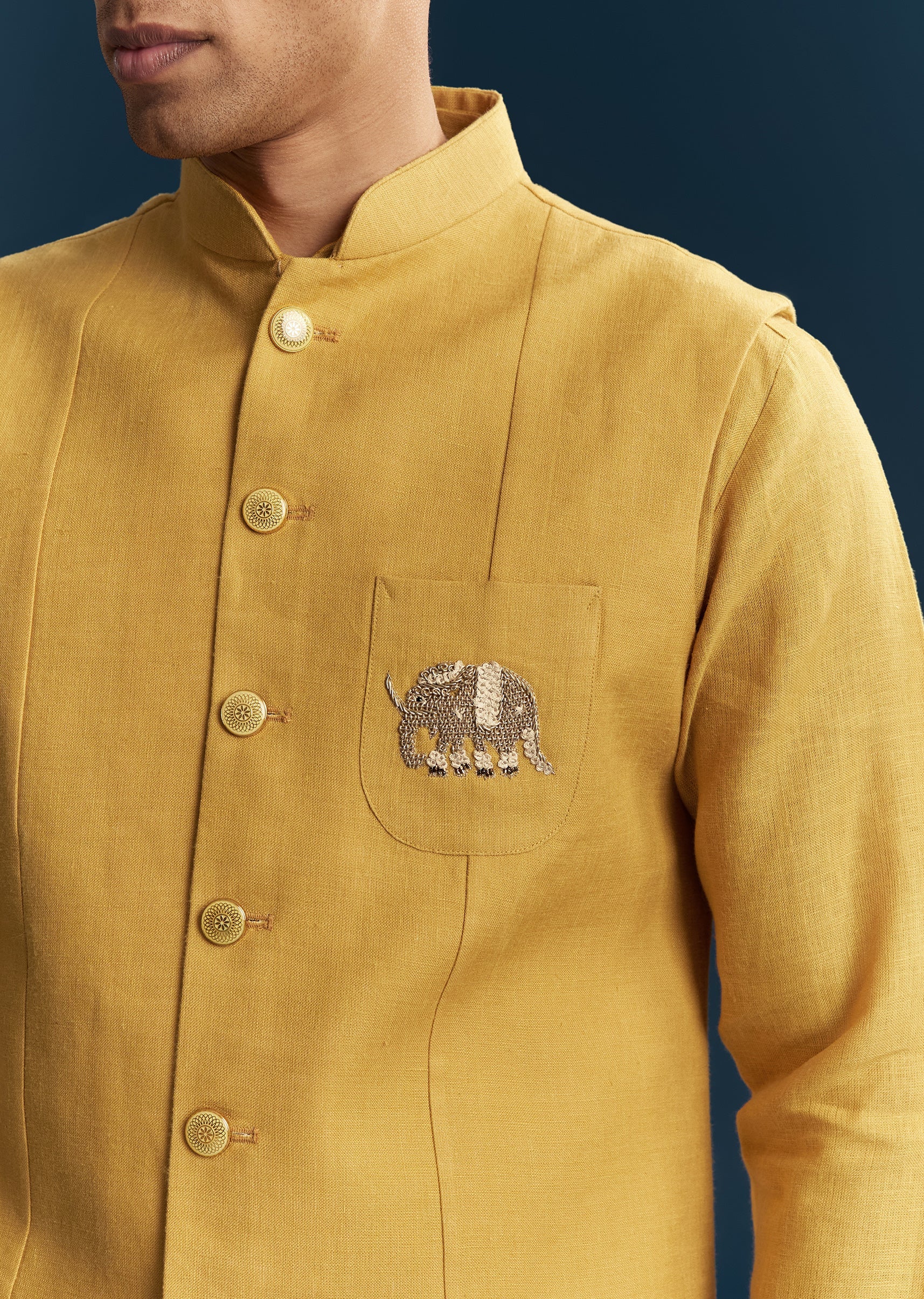 Mustard Yellow Silk Kurta Jacket Set With Thread Detail Work - Image 2