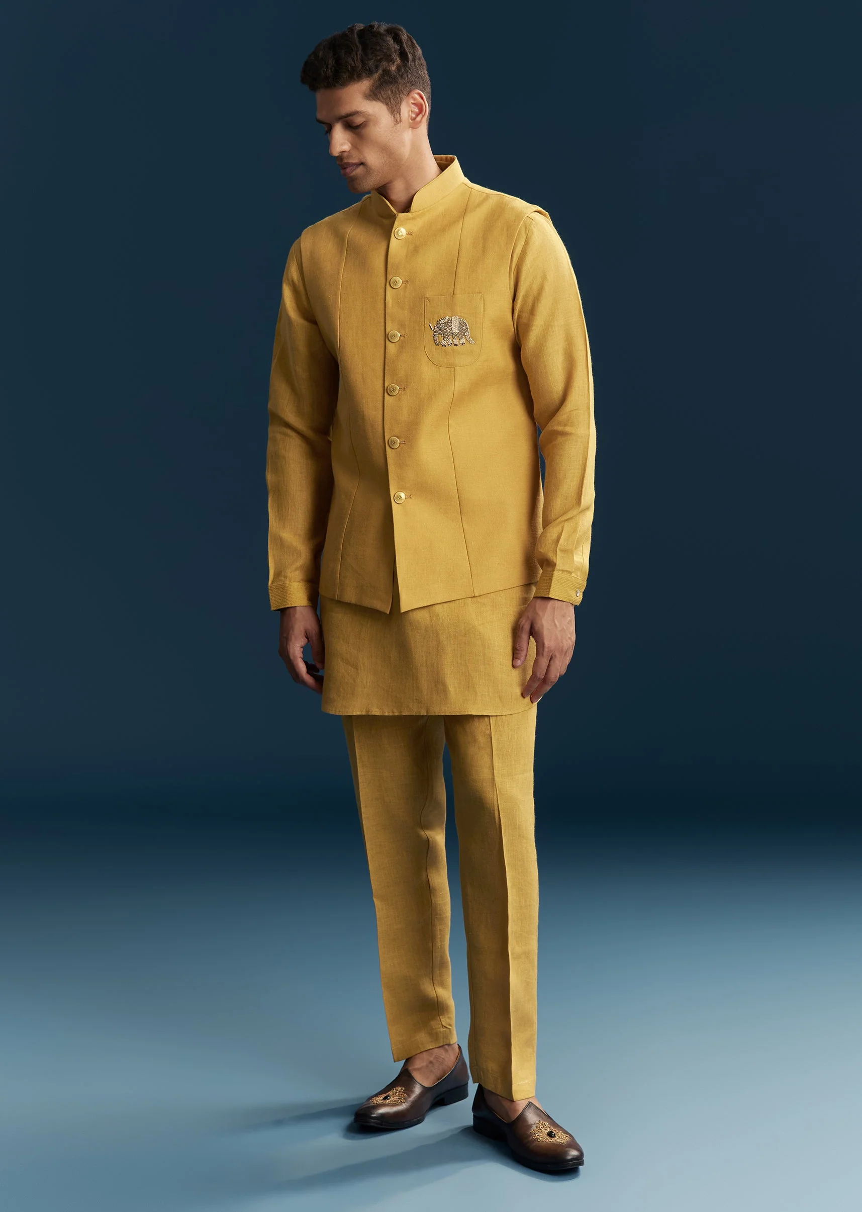 Mustard Yellow Silk Kurta Jacket Set With Thread Detail Work - Image 3