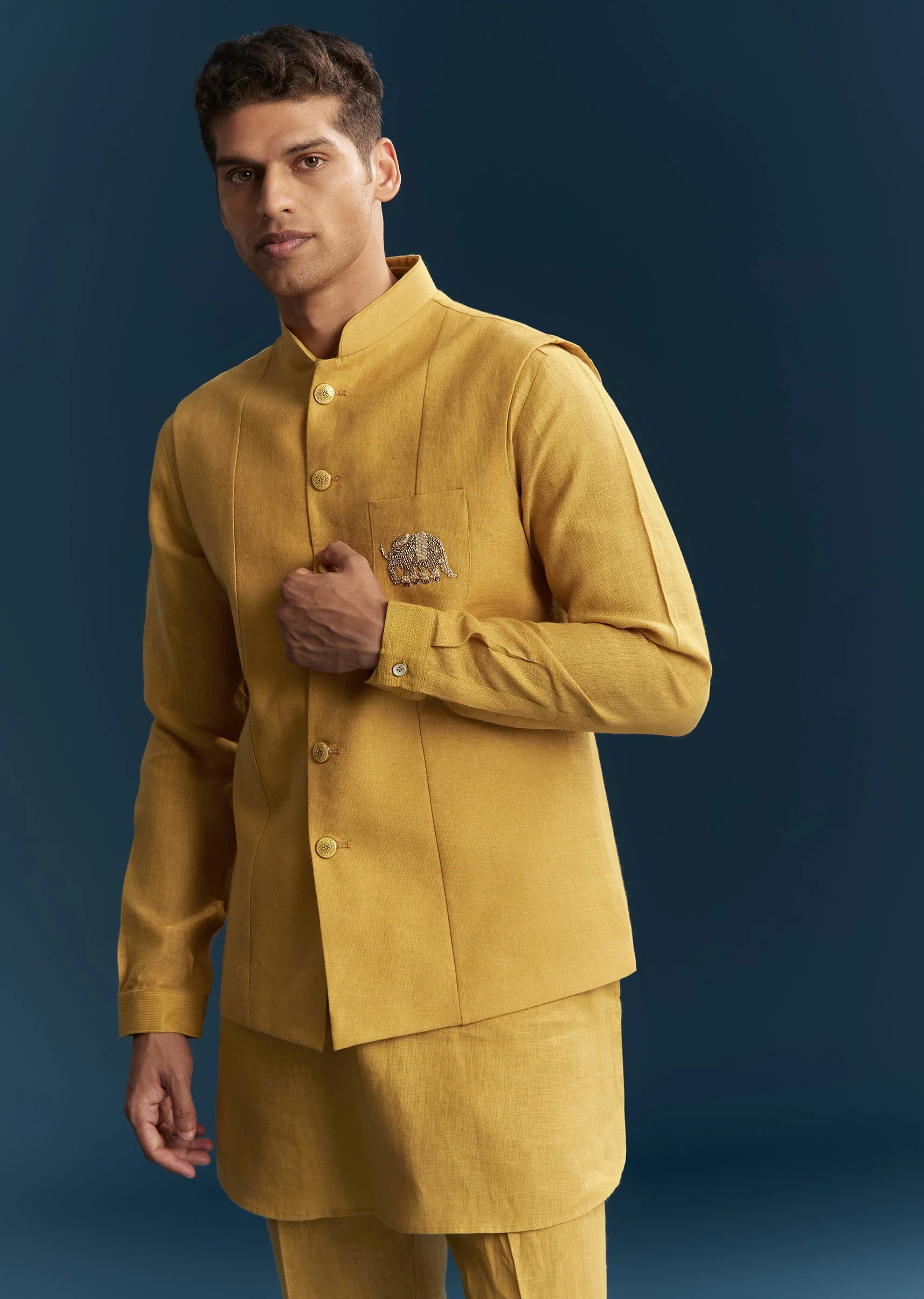 Mustard Yellow Silk Kurta Jacket Set With Thread Detail Work - Image 4
