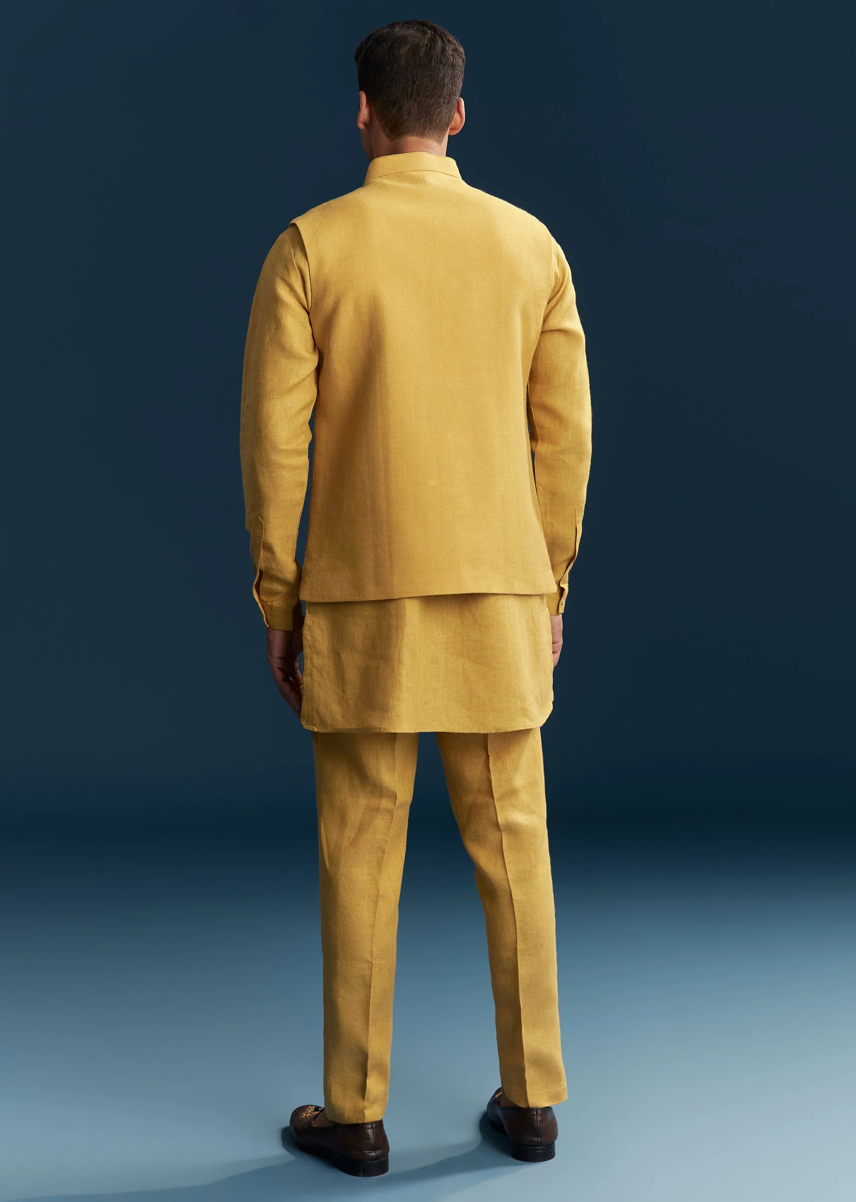 Mustard Yellow Silk Kurta Jacket Set With Thread Detail Work - Image 5