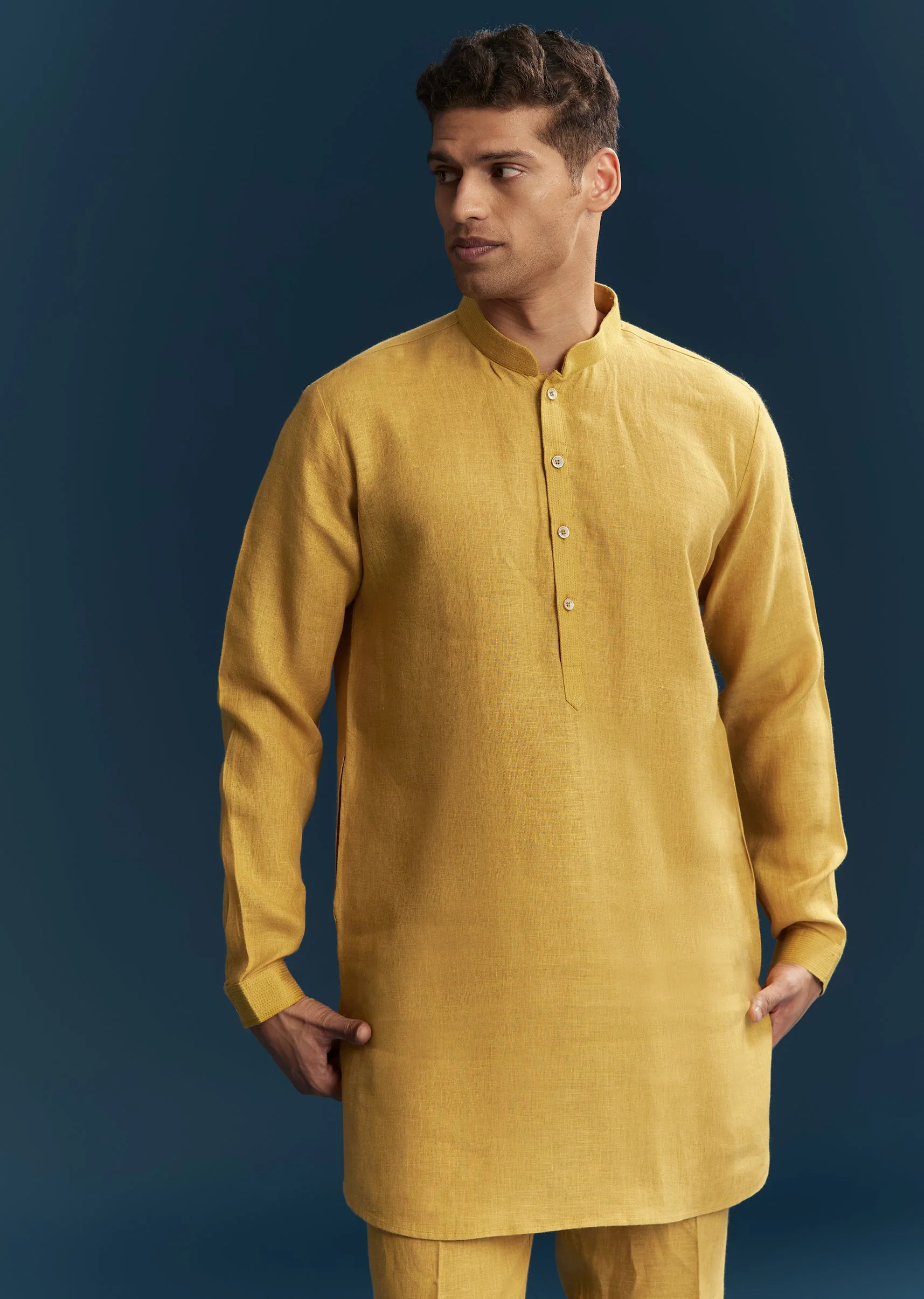Mustard Yellow Silk Kurta Jacket Set With Thread Detail Work - Image 6