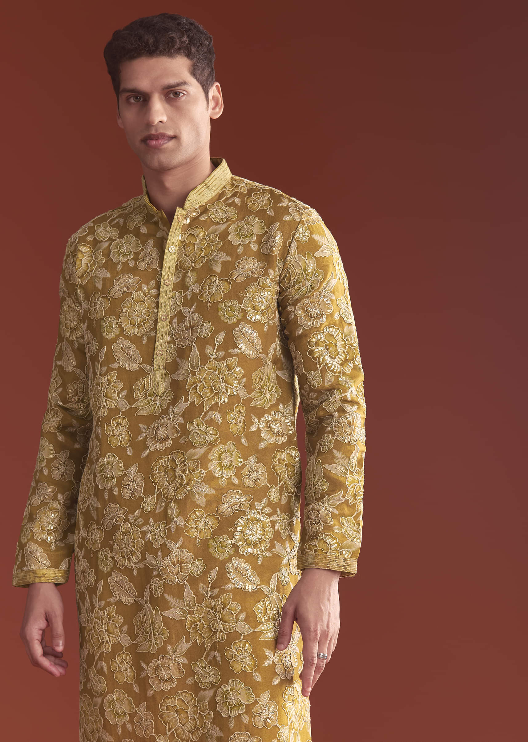 Mustard Yellow Silk Kurta Set For Men With Floral Resham Work - Image 4