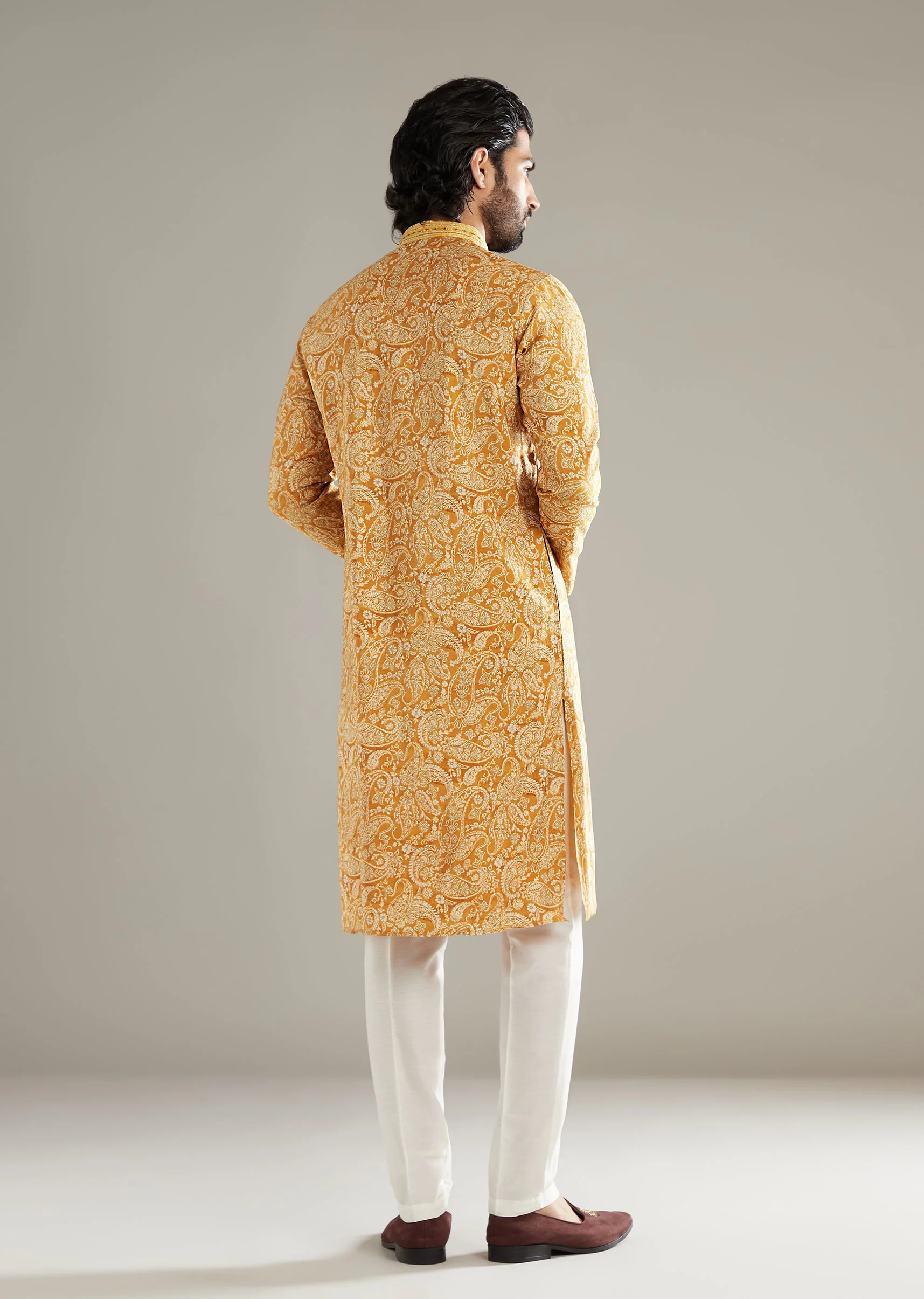 Mustard Yellow Silk Kurta Set For Men With Paisley Print - Image 5