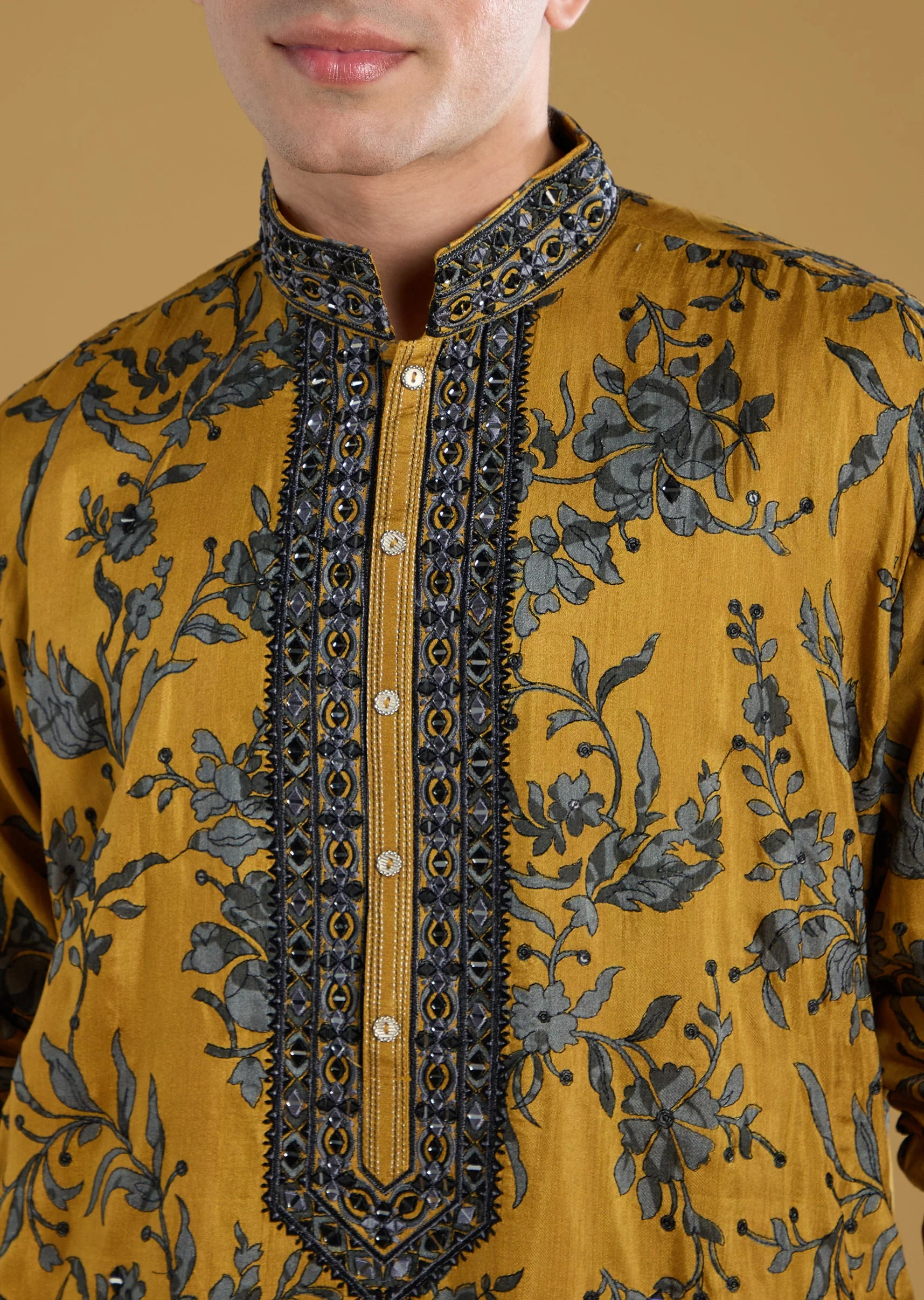 Mustard Yellow Silk Kurta Set With Thread And Mirror Work - Image 2