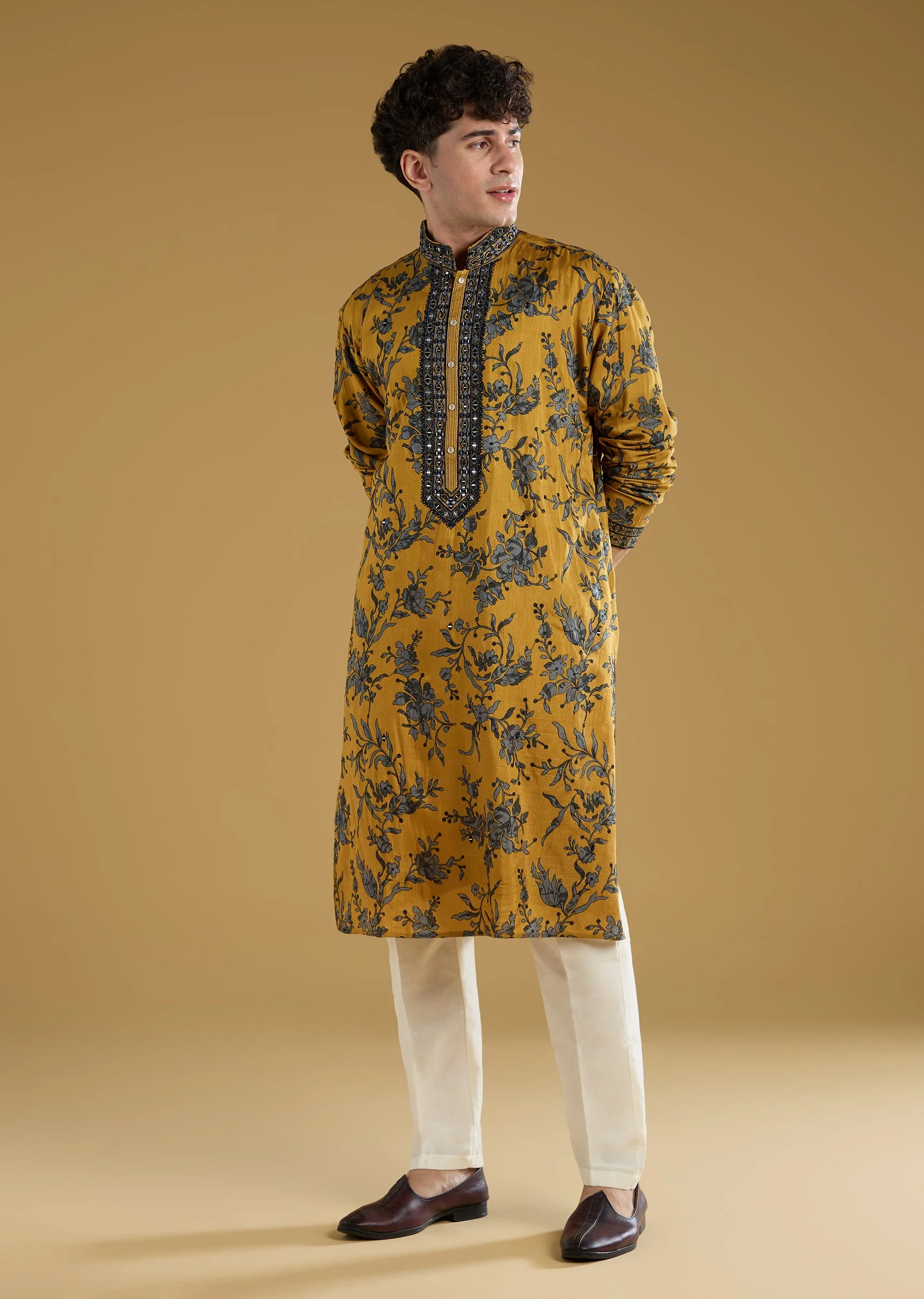 Mustard Yellow Silk Kurta Set With Thread And Mirror Work - Image 3