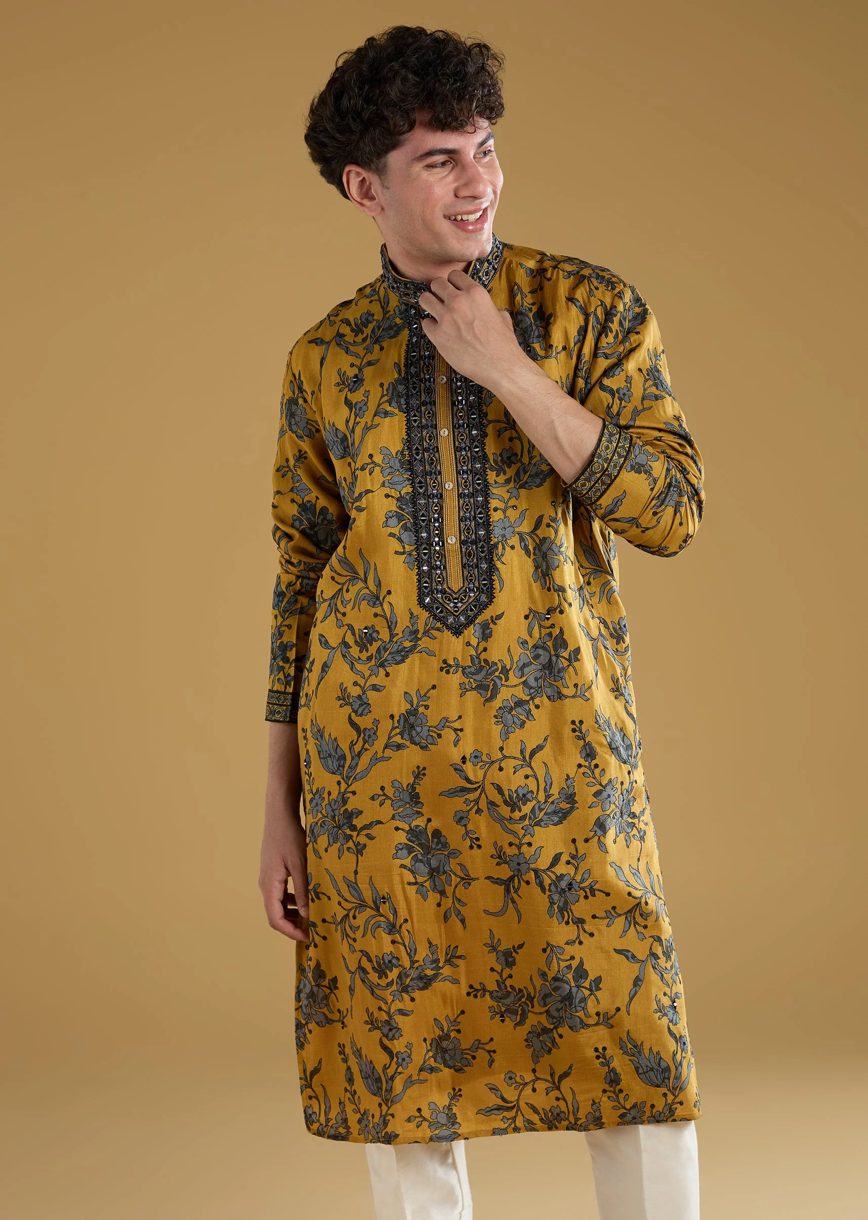Mustard Yellow Silk Kurta Set With Thread And Mirror Work - Image 4