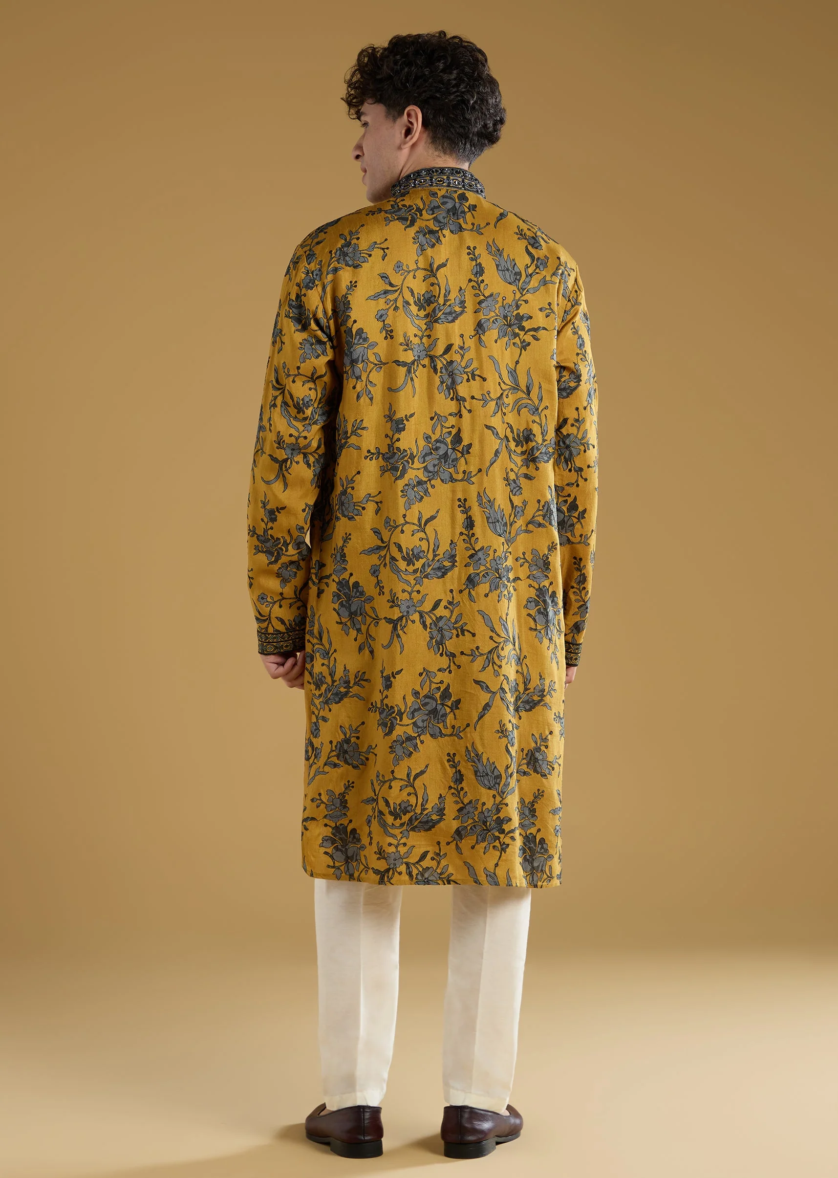 Mustard Yellow Silk Kurta Set With Thread And Mirror Work - Image 5