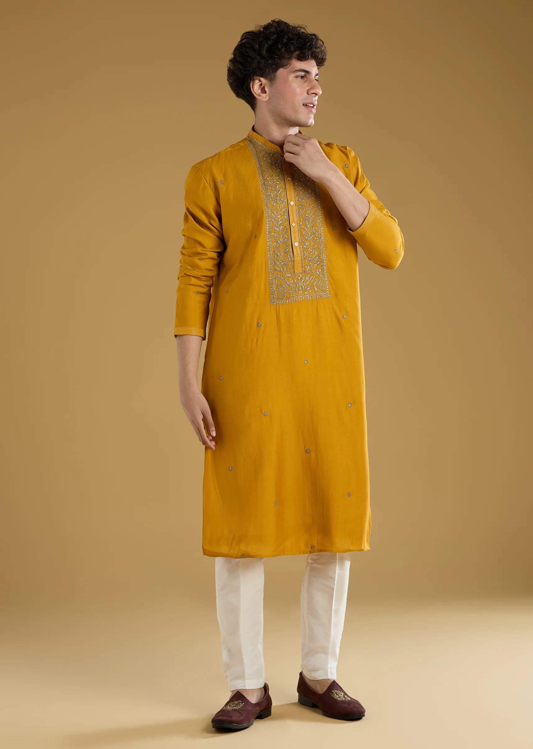 Mustard Yellow Silk Kurta Set With Thread Detail Work - Image 3