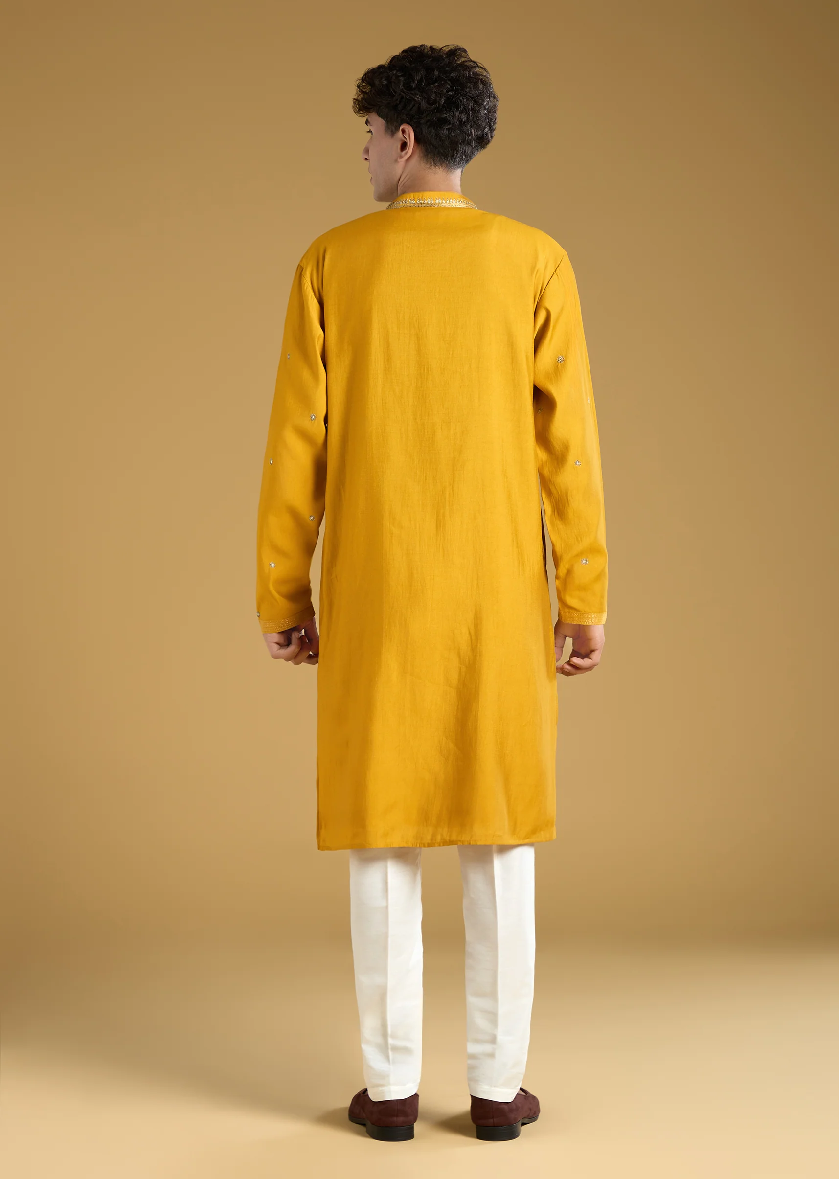Mustard Yellow Silk Kurta Set With Thread Detail Work - Image 5