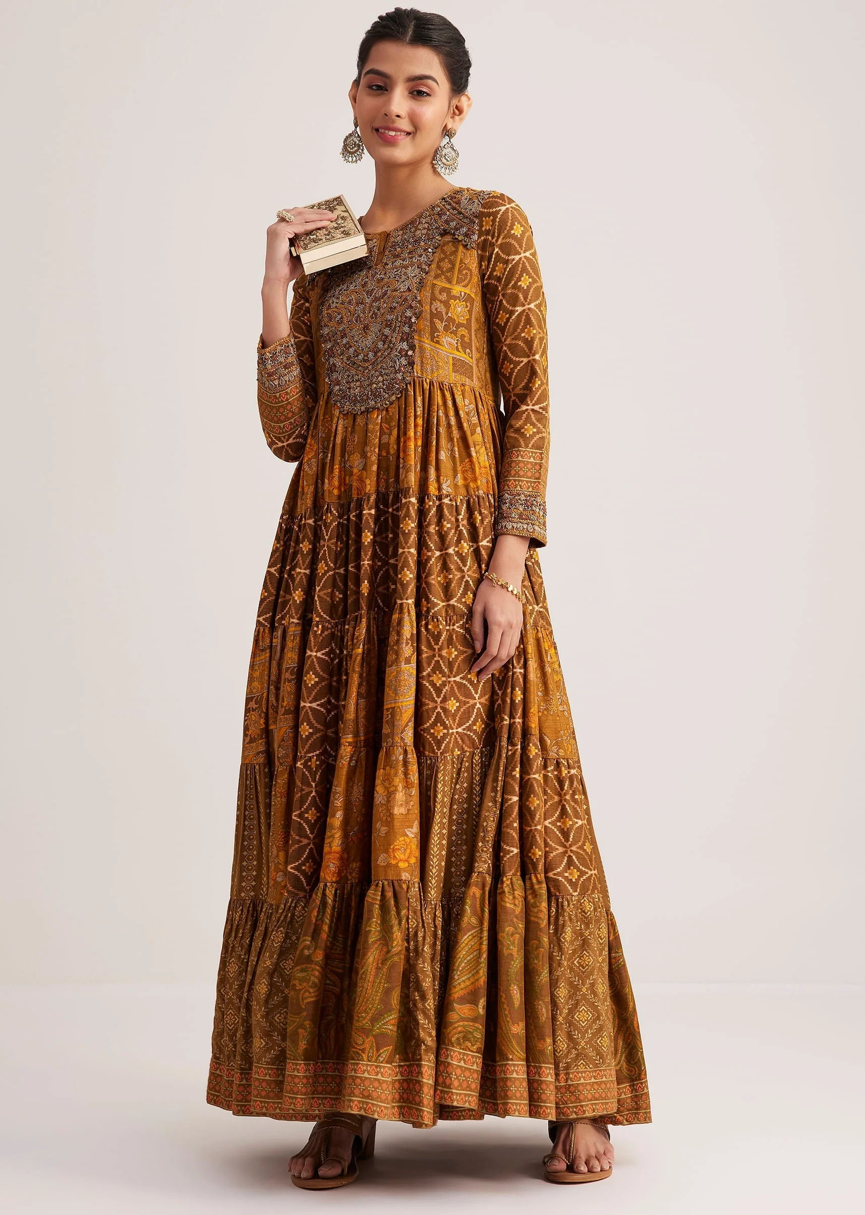 Mustard Yellow Silk Kurta With Indie Print - Image 3