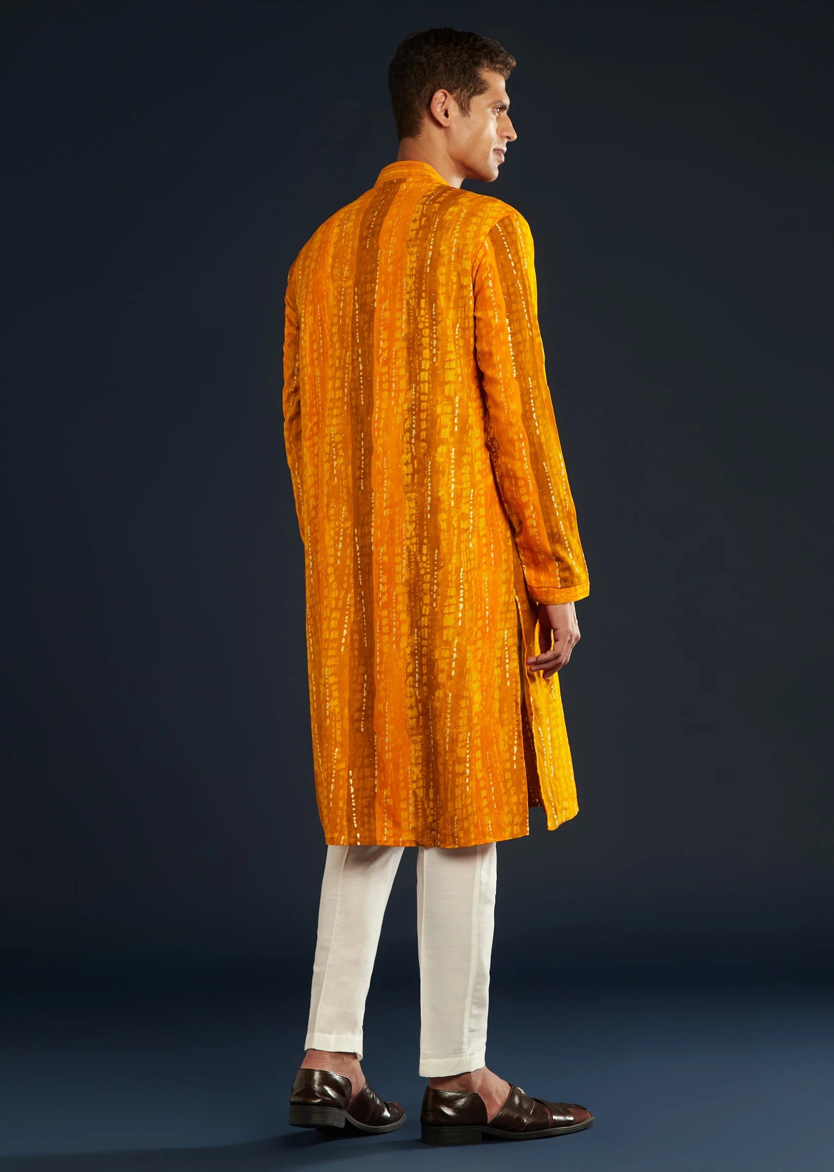 Mustard Yellow Silk Mens Kurta Set with Resham Work - Image 5