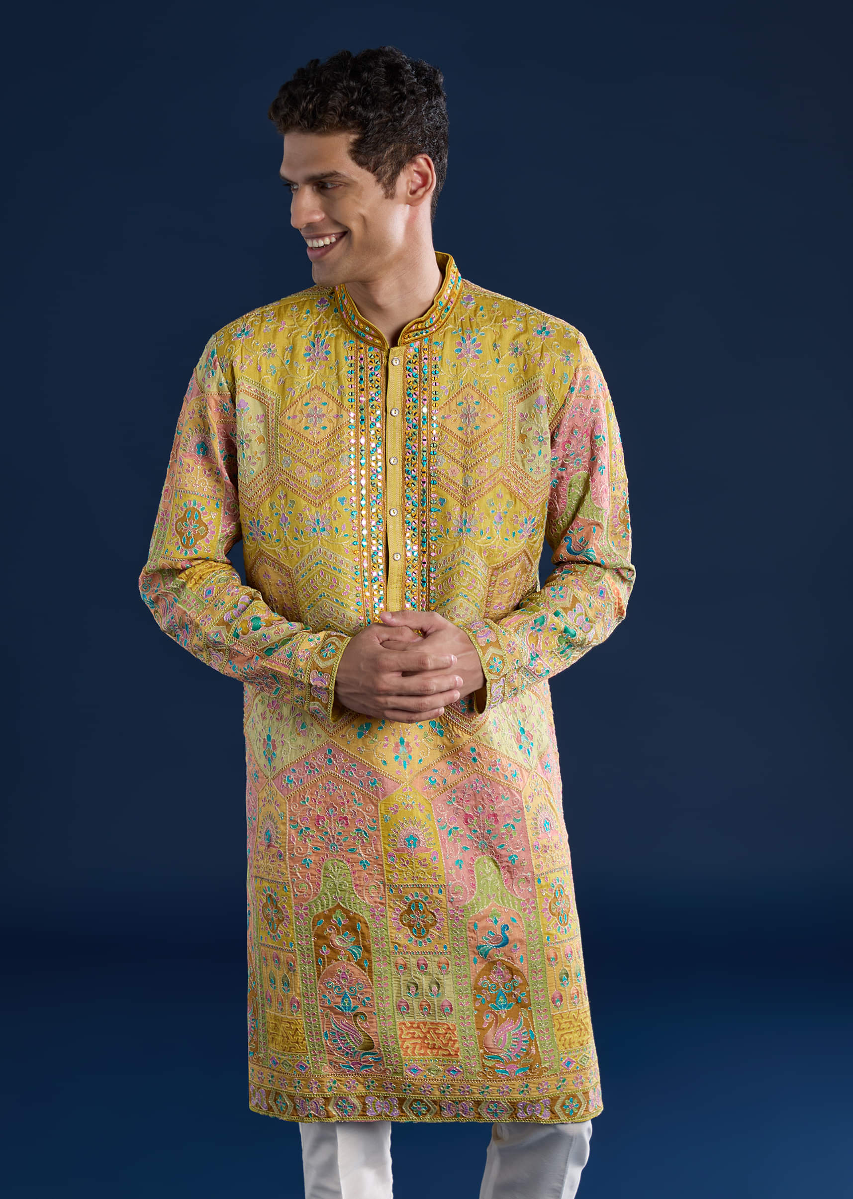 Mustard Yellow Silk Mirror Work Mens Kurta and Pant Set - Image 4