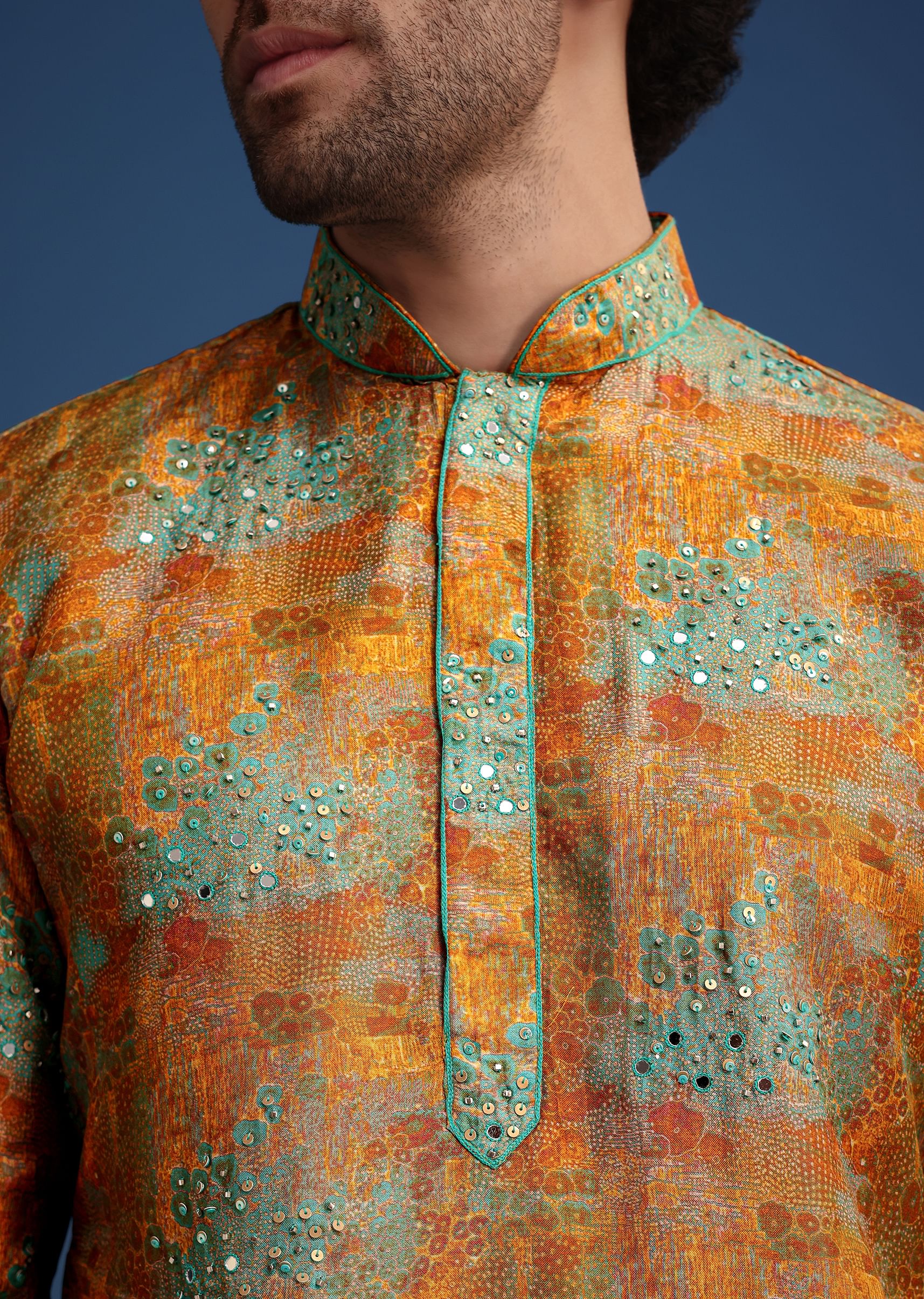 Mustard Yellow Silk Printed Kurta Set - Image 2