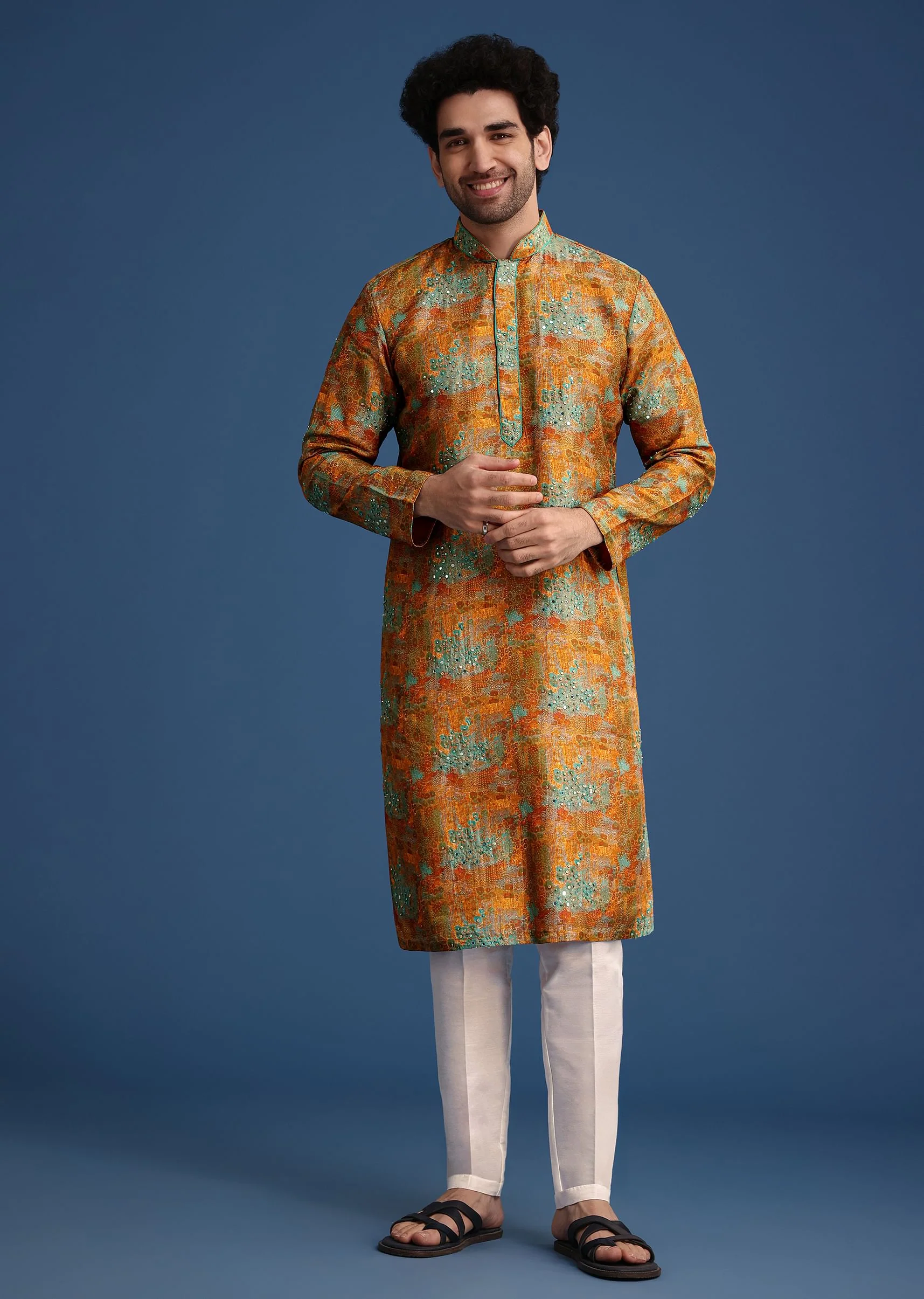 Mustard Yellow Silk Printed Kurta Set - Image 3