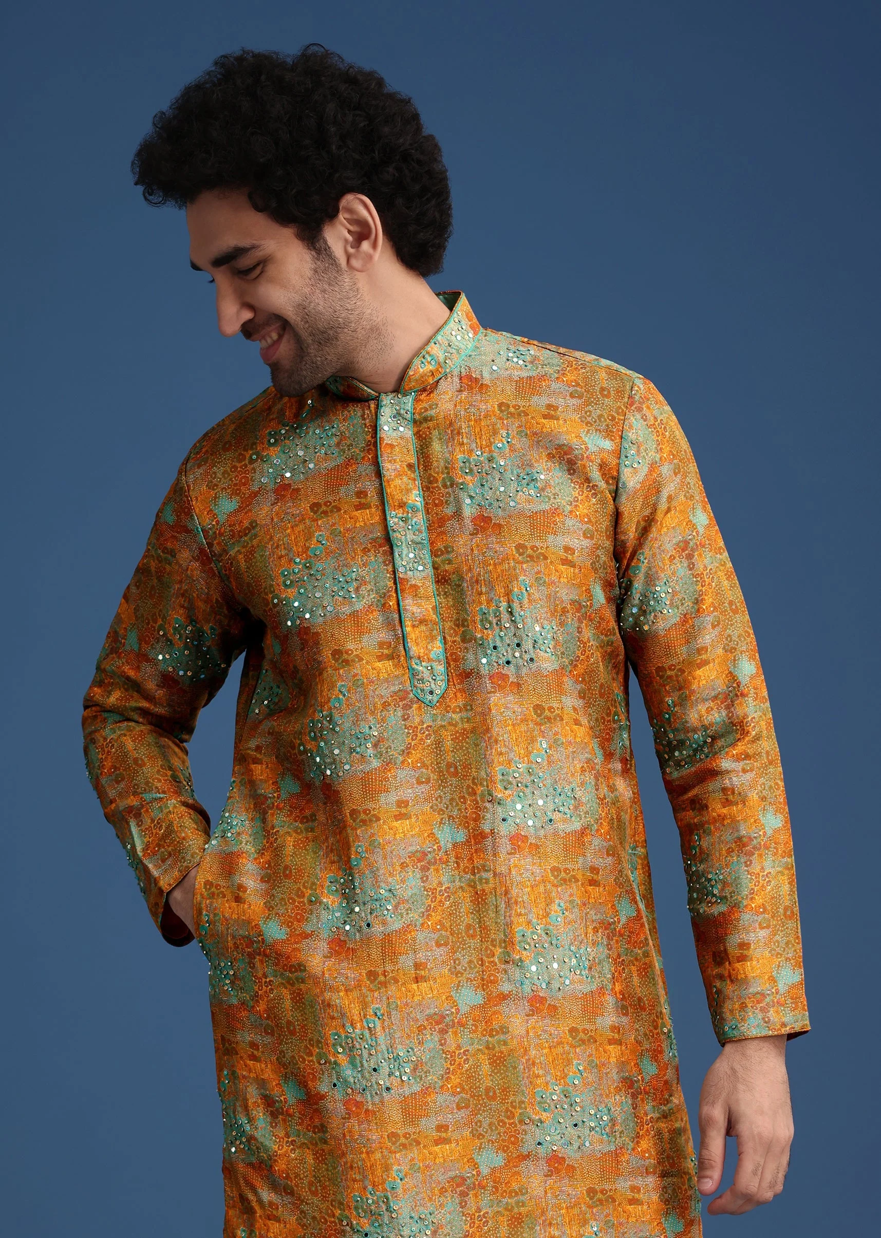 Mustard Yellow Silk Printed Kurta Set - Image 4