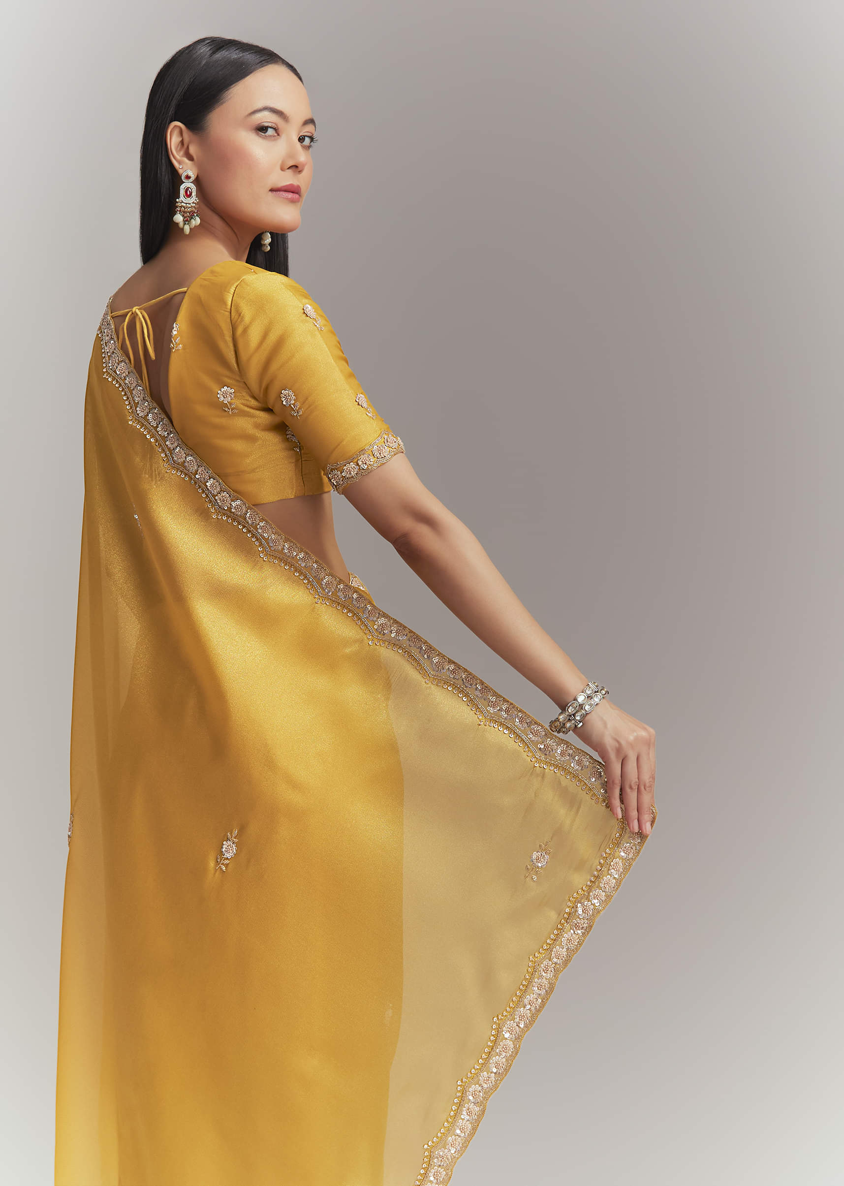 Mustard Yellow Tissue Embroidered Saree With Heavy Hand Embroidery - Image 6