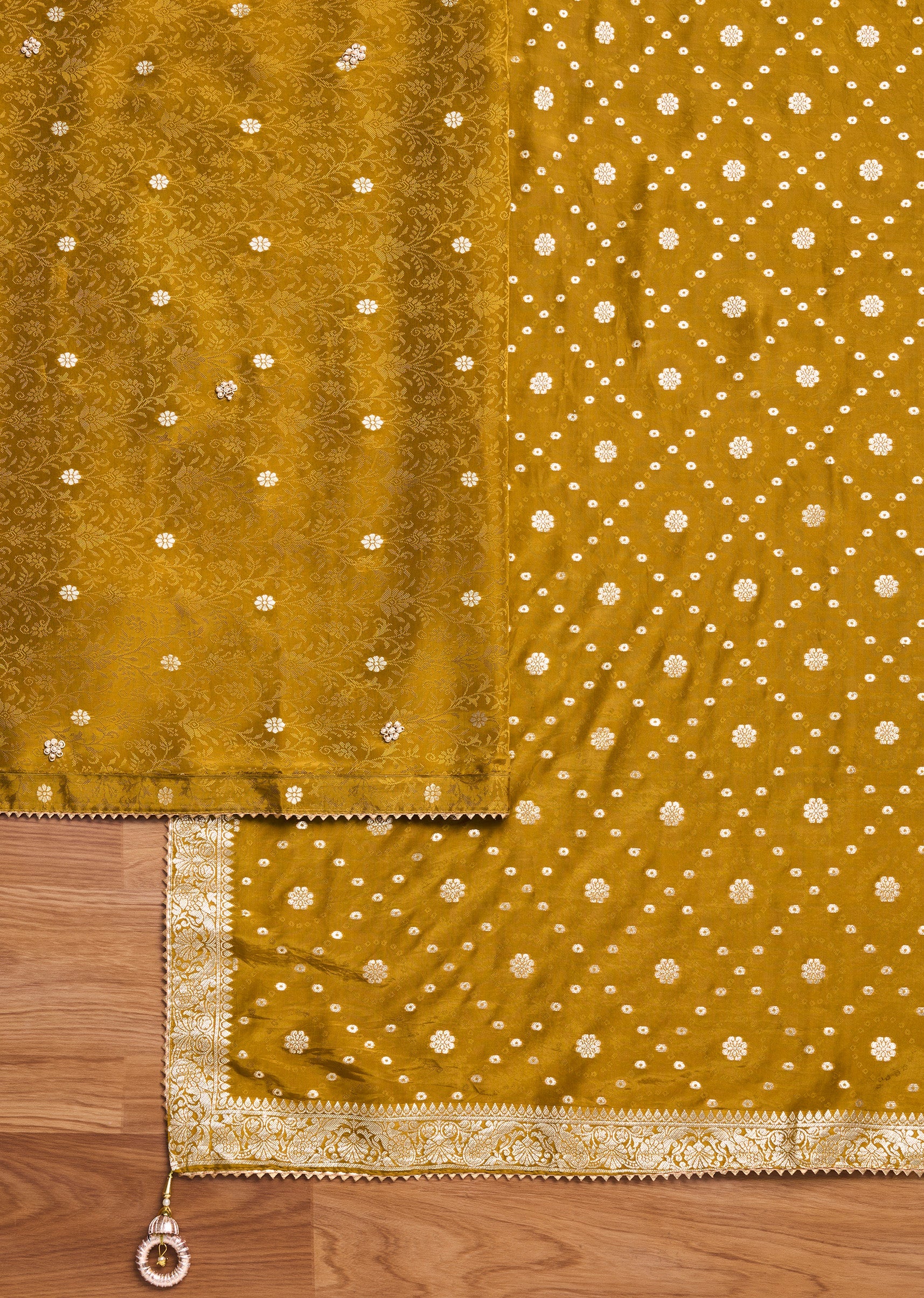Mustard Yellow Tissue Embroidered Unstitched Suit Set - Image 3