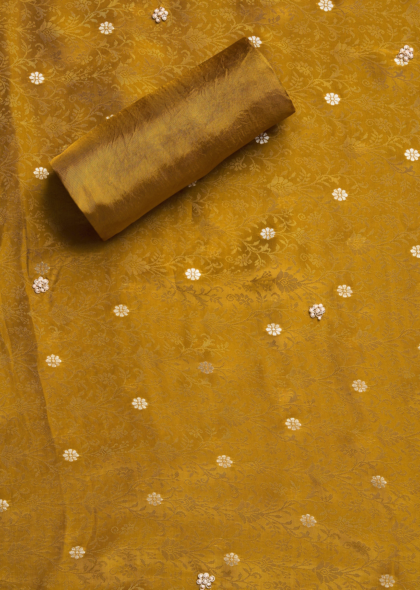 Mustard Yellow Tissue Embroidered Unstitched Suit Set - Image 4