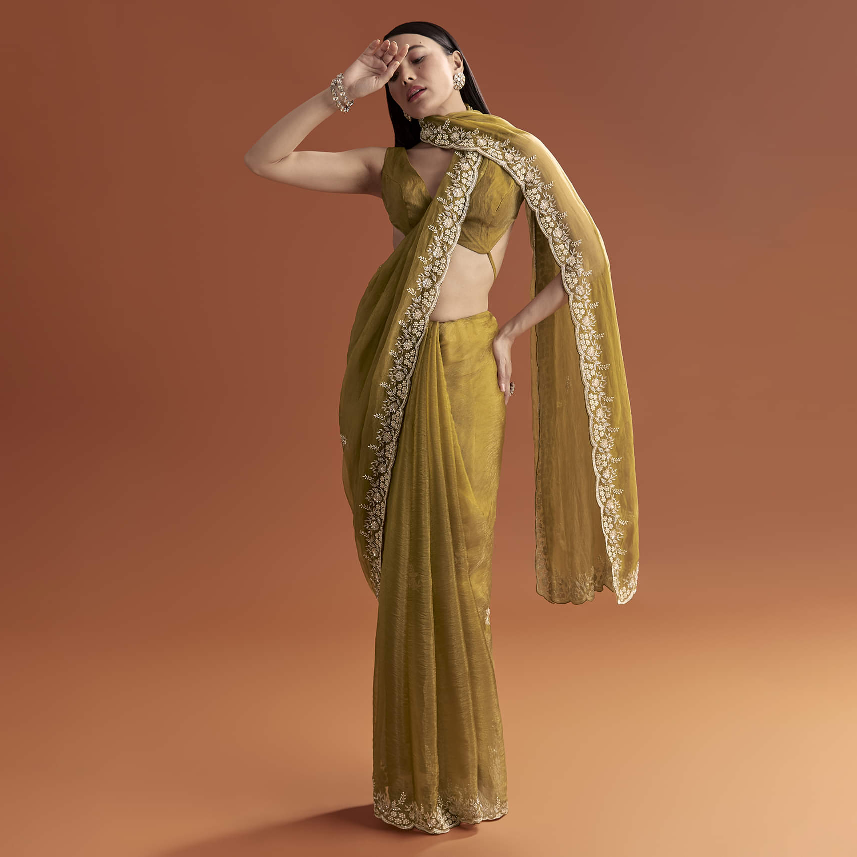 Mustard Yellow Tissue Saree With Floral Butti Embroidery - Image 10