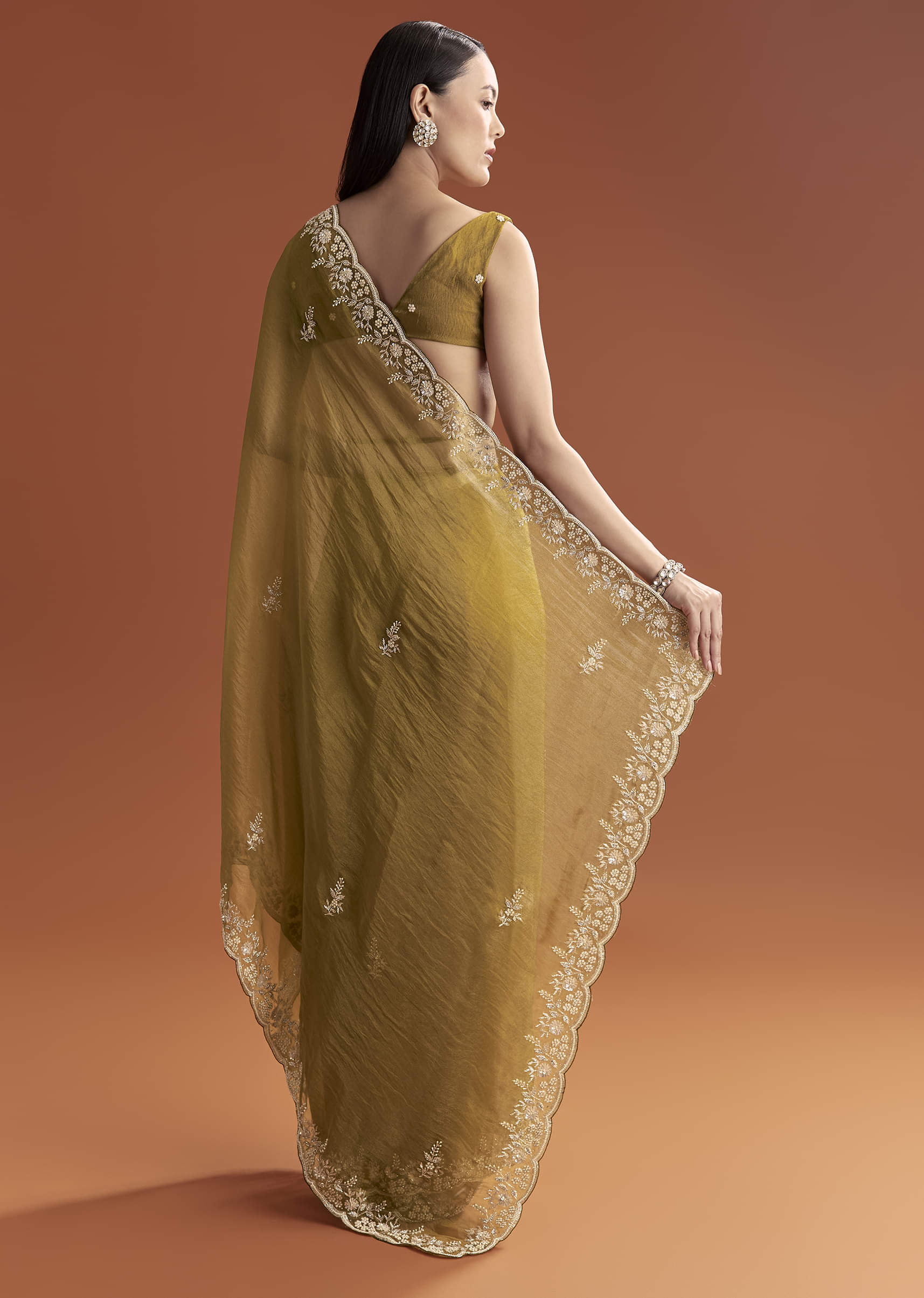 Mustard Yellow Tissue Saree With Floral Butti Embroidery - Image 2