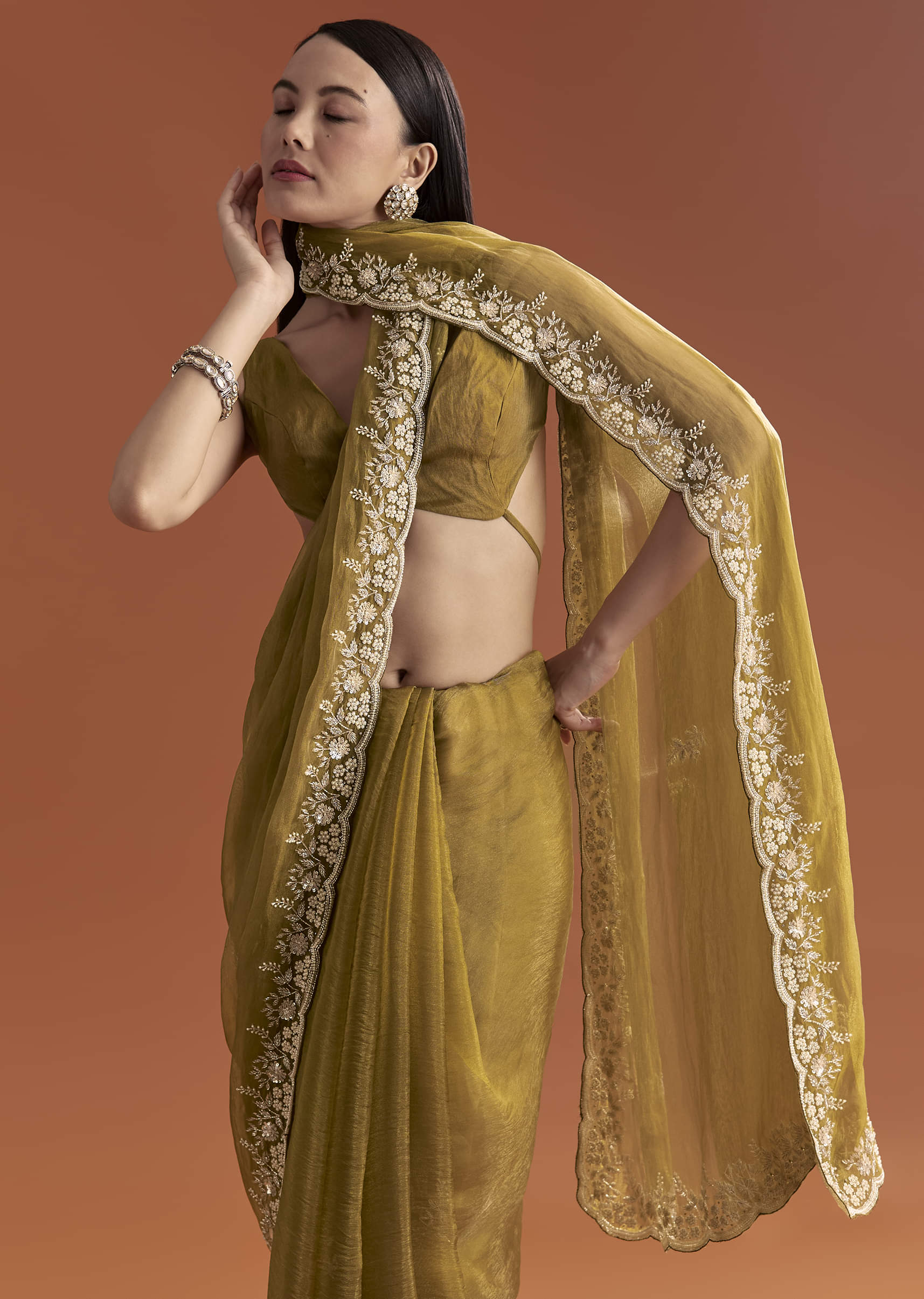 Mustard Yellow Tissue Saree With Floral Butti Embroidery - Image 5