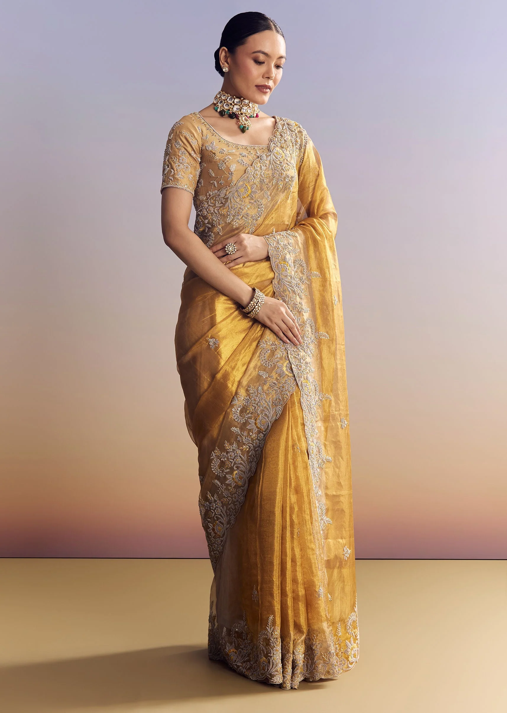 Mustard Yellow Tissue Saree With Golden Zardosi Embroidery - Image 3