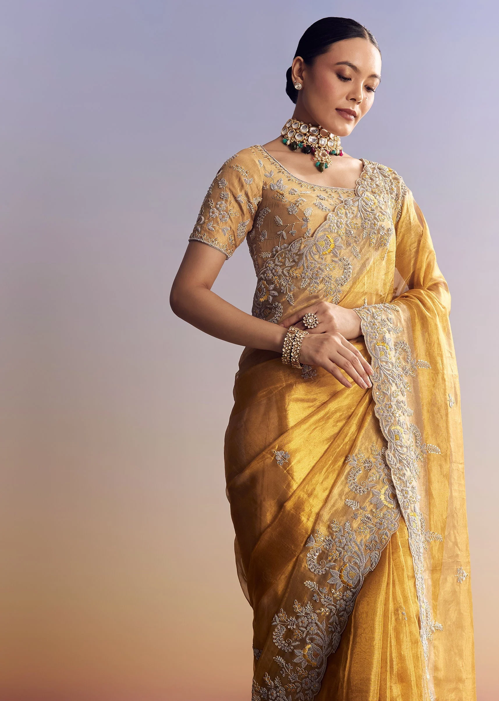 Mustard Yellow Tissue Saree With Golden Zardosi Embroidery - Image 5
