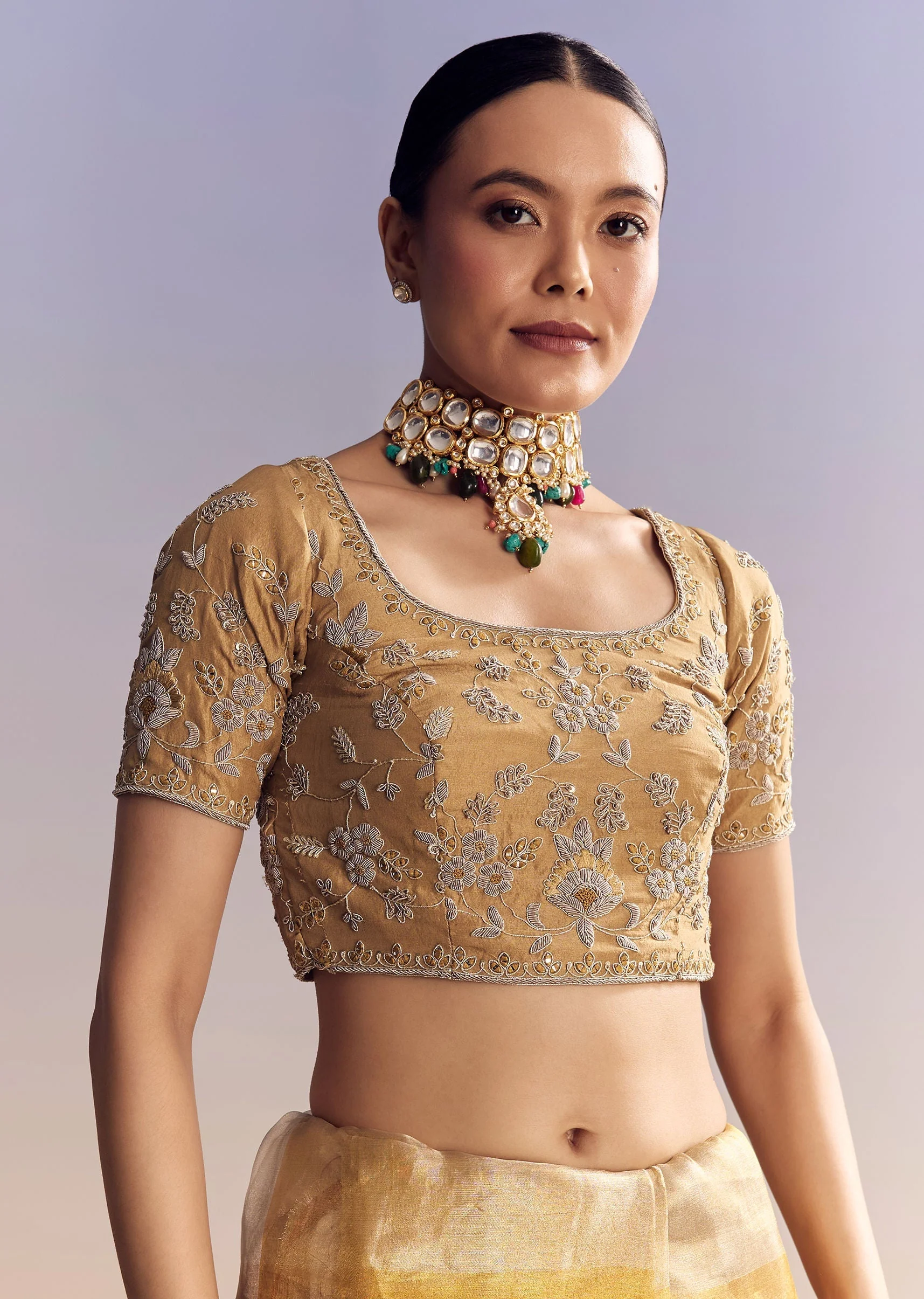 Mustard Yellow Tissue Saree With Golden Zardosi Embroidery - Image 7