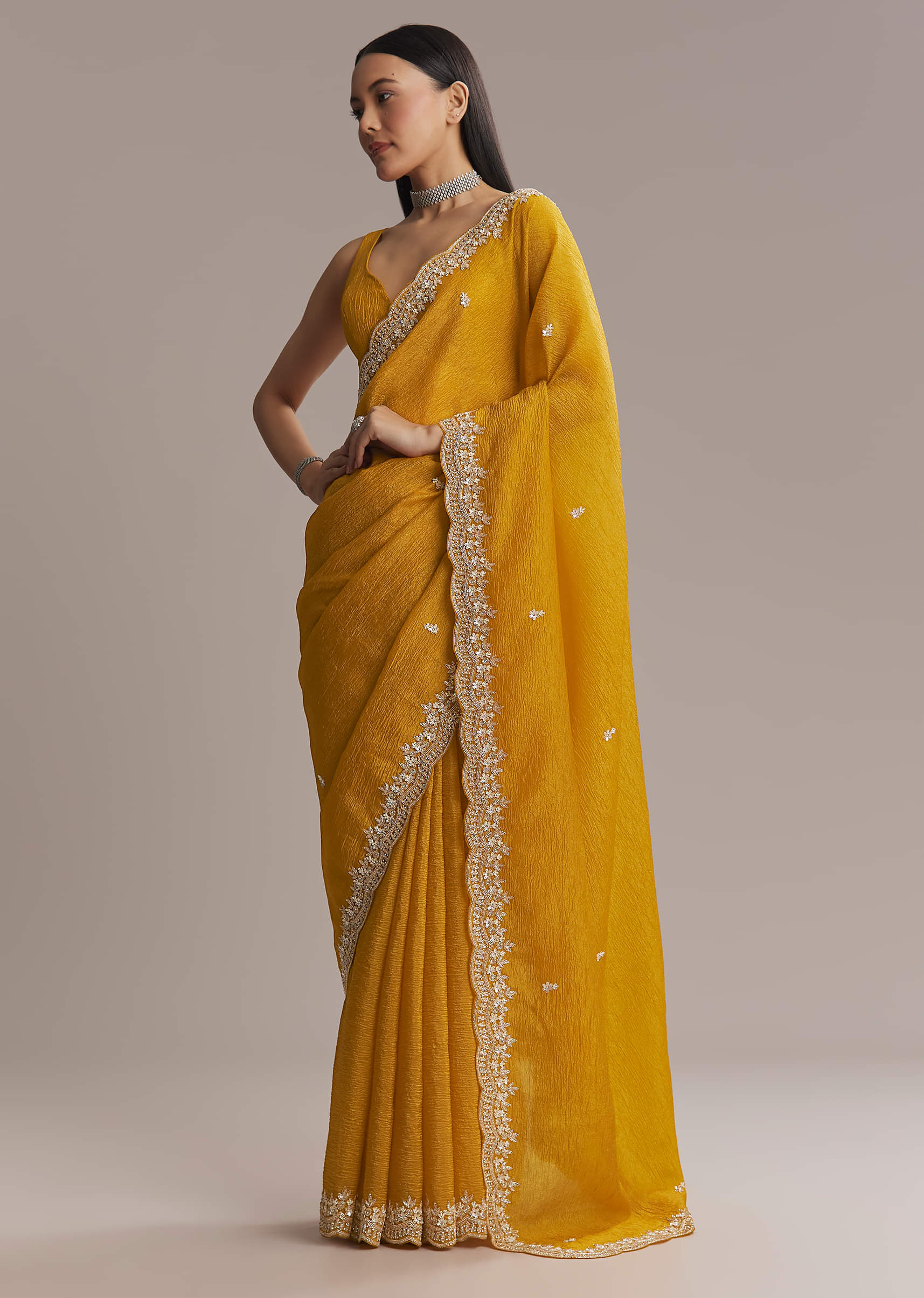 Mustard Yellow Tissue Saree With Scallop Border Embroidery - Image 10