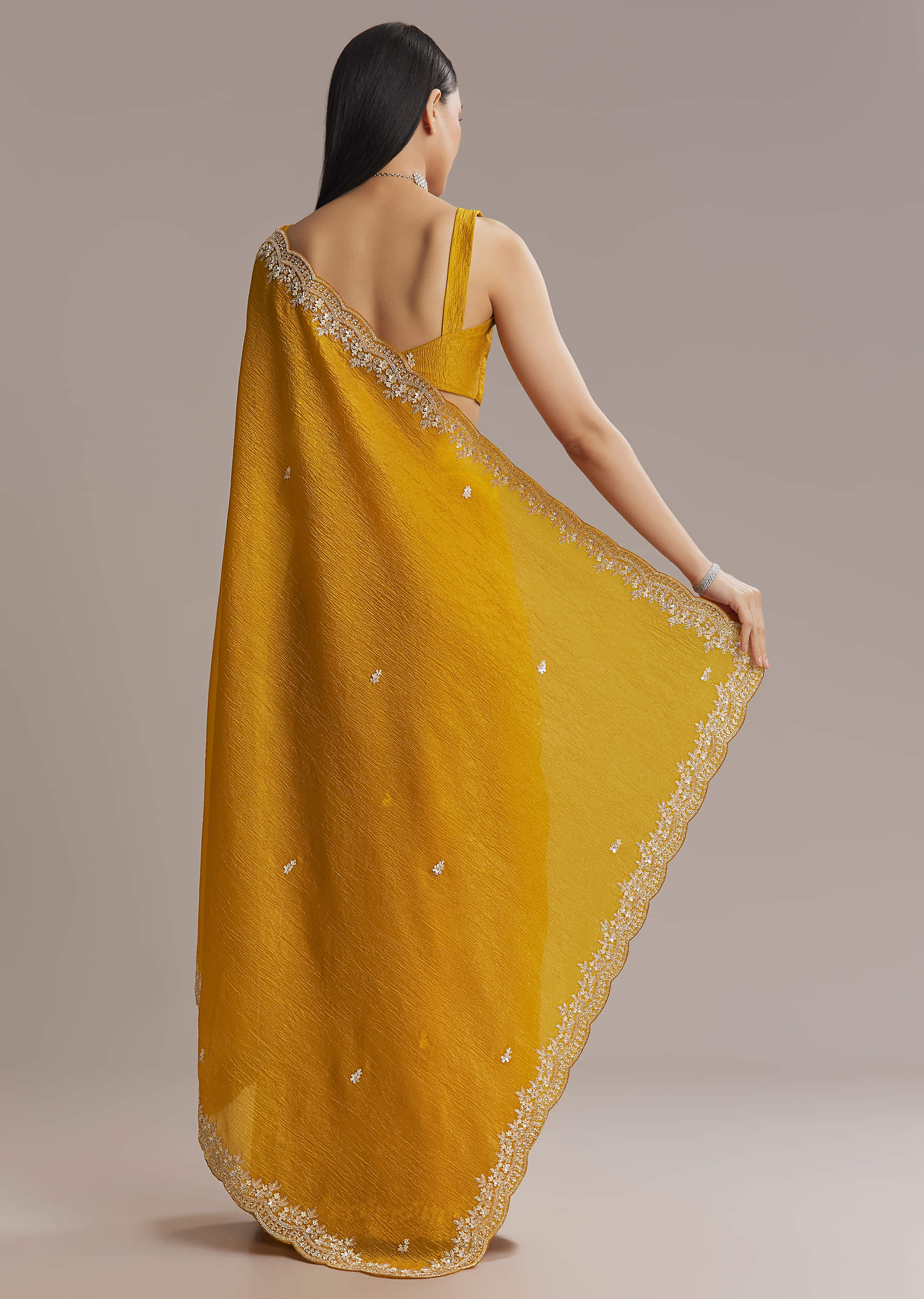 Mustard Yellow Tissue Saree With Scallop Border Embroidery - Image 3