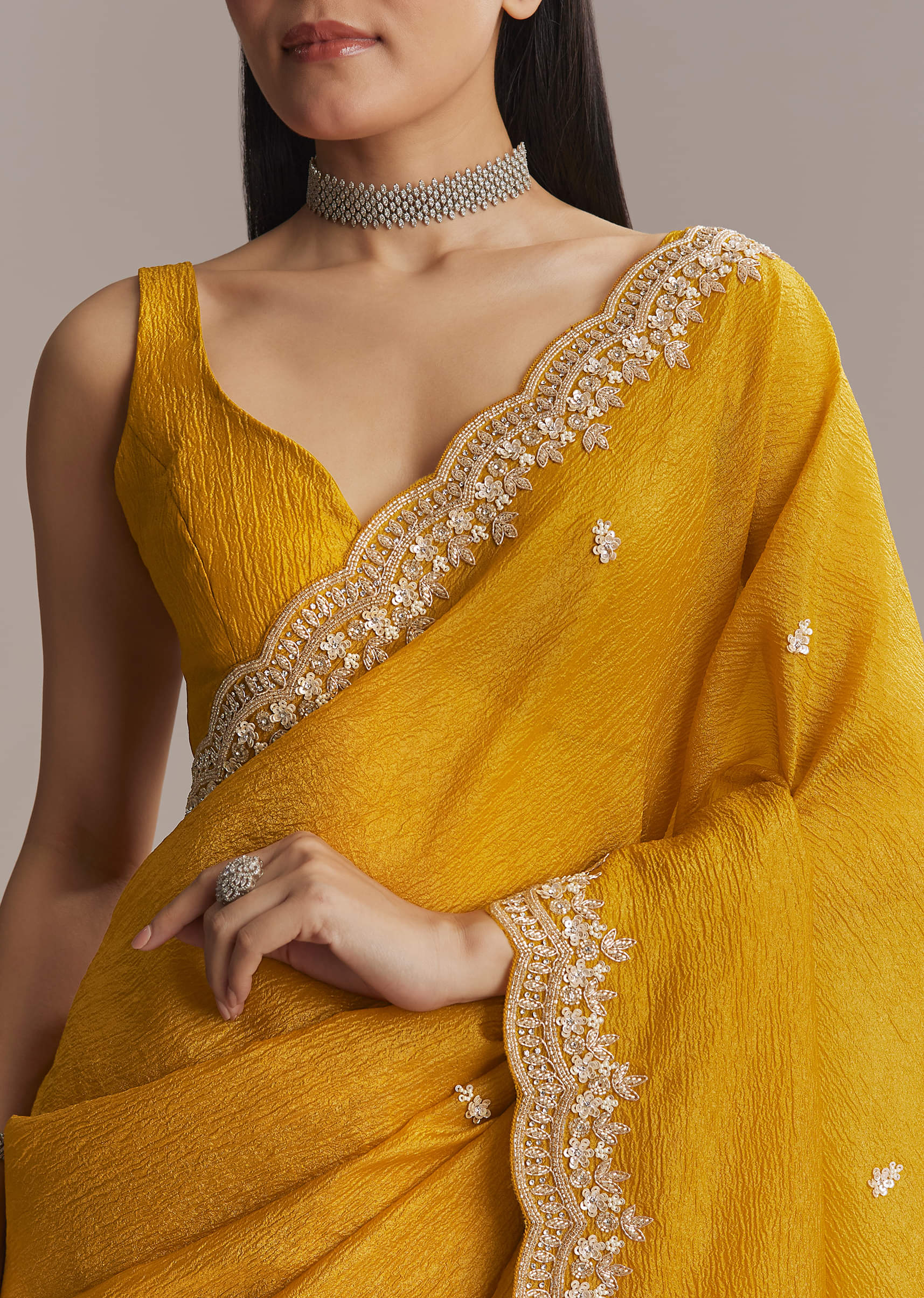 Mustard Yellow Tissue Saree With Scallop Border Embroidery - Image 4