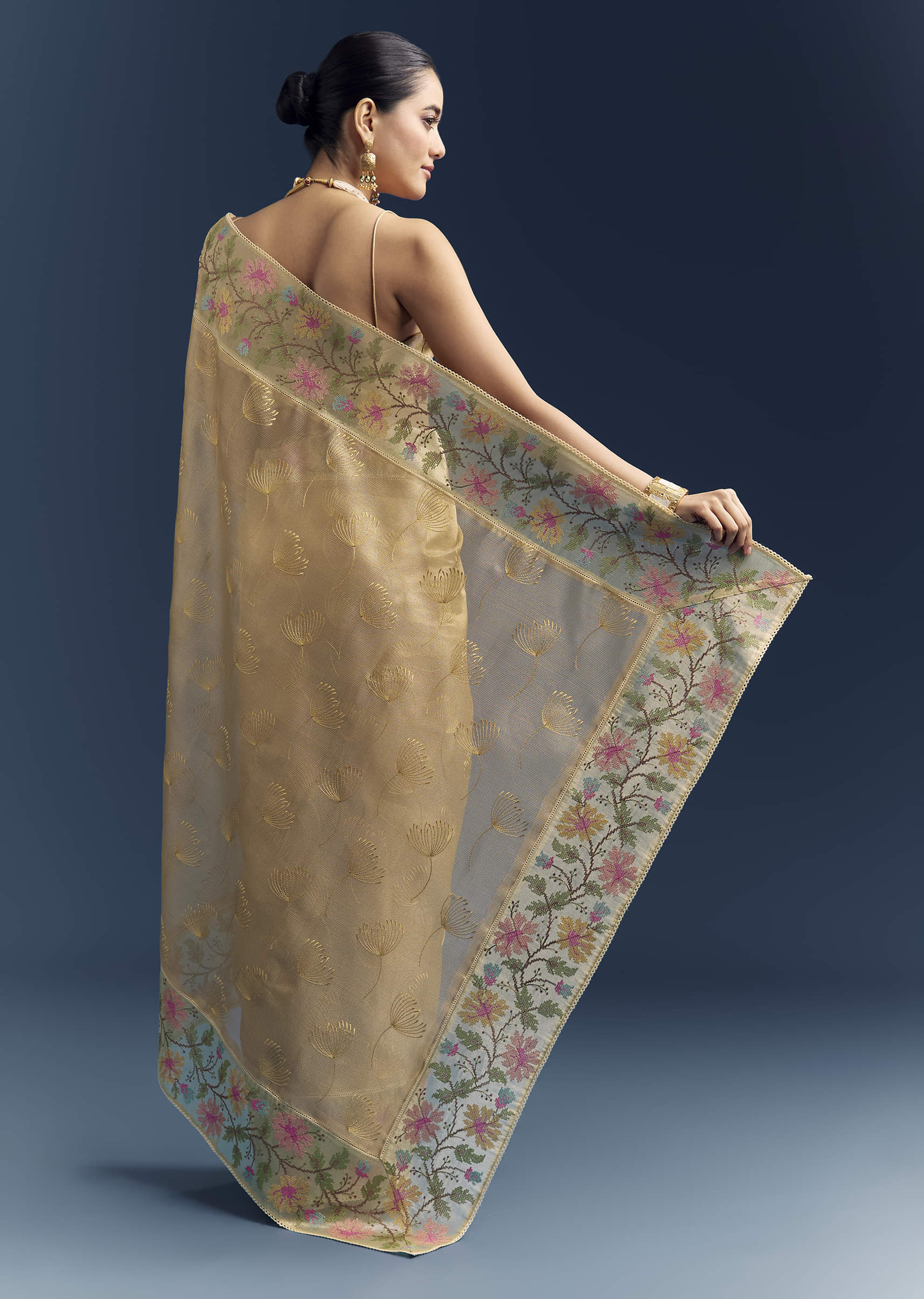 Mustard Yellow Tissue Silk Saree With Floral Resham Embroidery - Image 4