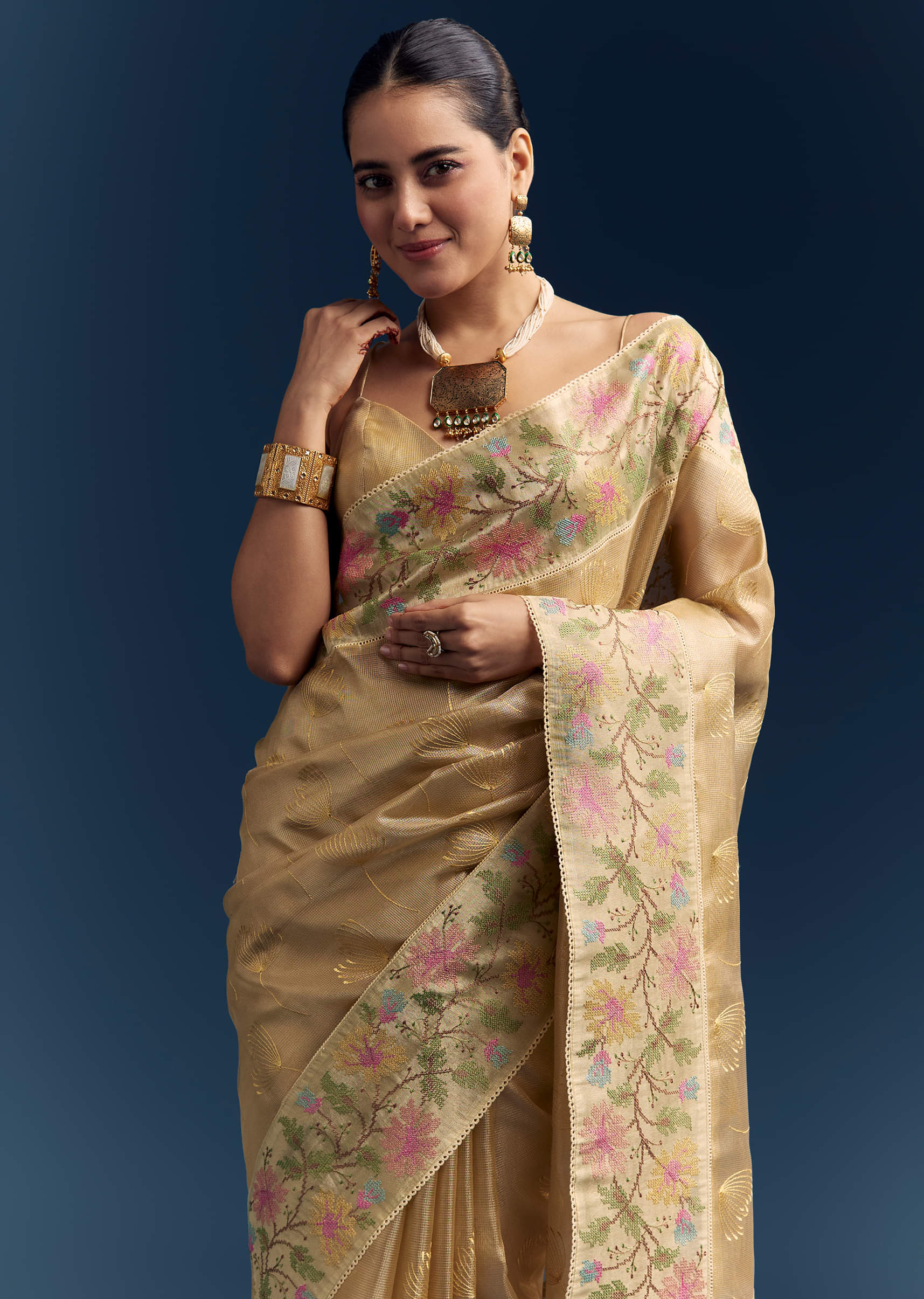 Mustard Yellow Tissue Silk Saree With Floral Resham Embroidery - Image 5
