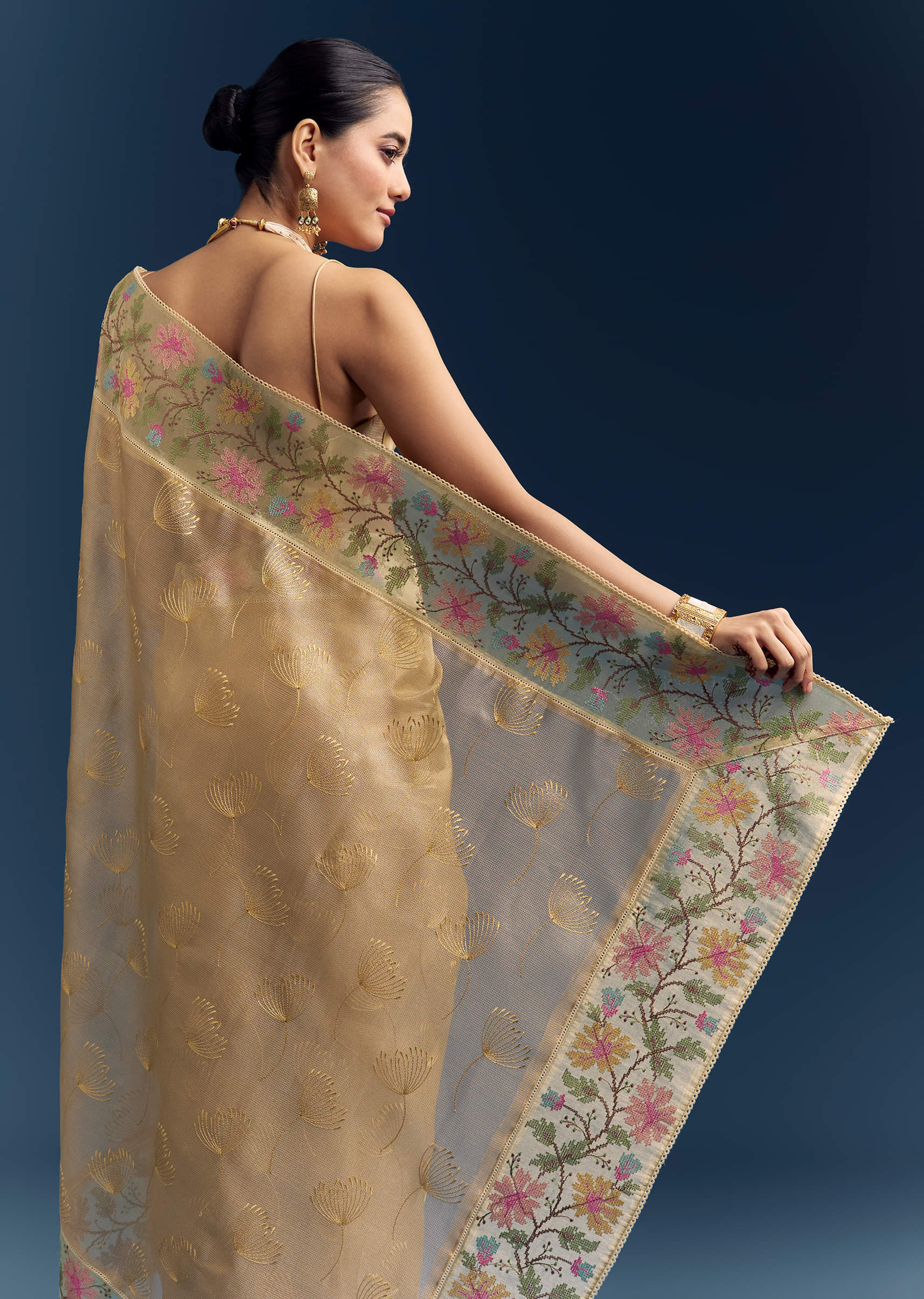 Mustard Yellow Tissue Silk Saree With Floral Resham Embroidery - Image 6