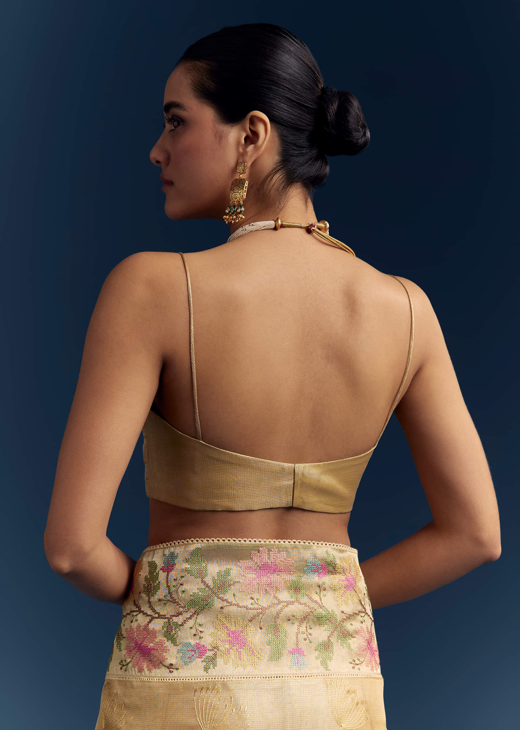 Mustard Yellow Tissue Silk Saree With Floral Resham Embroidery - Image 7