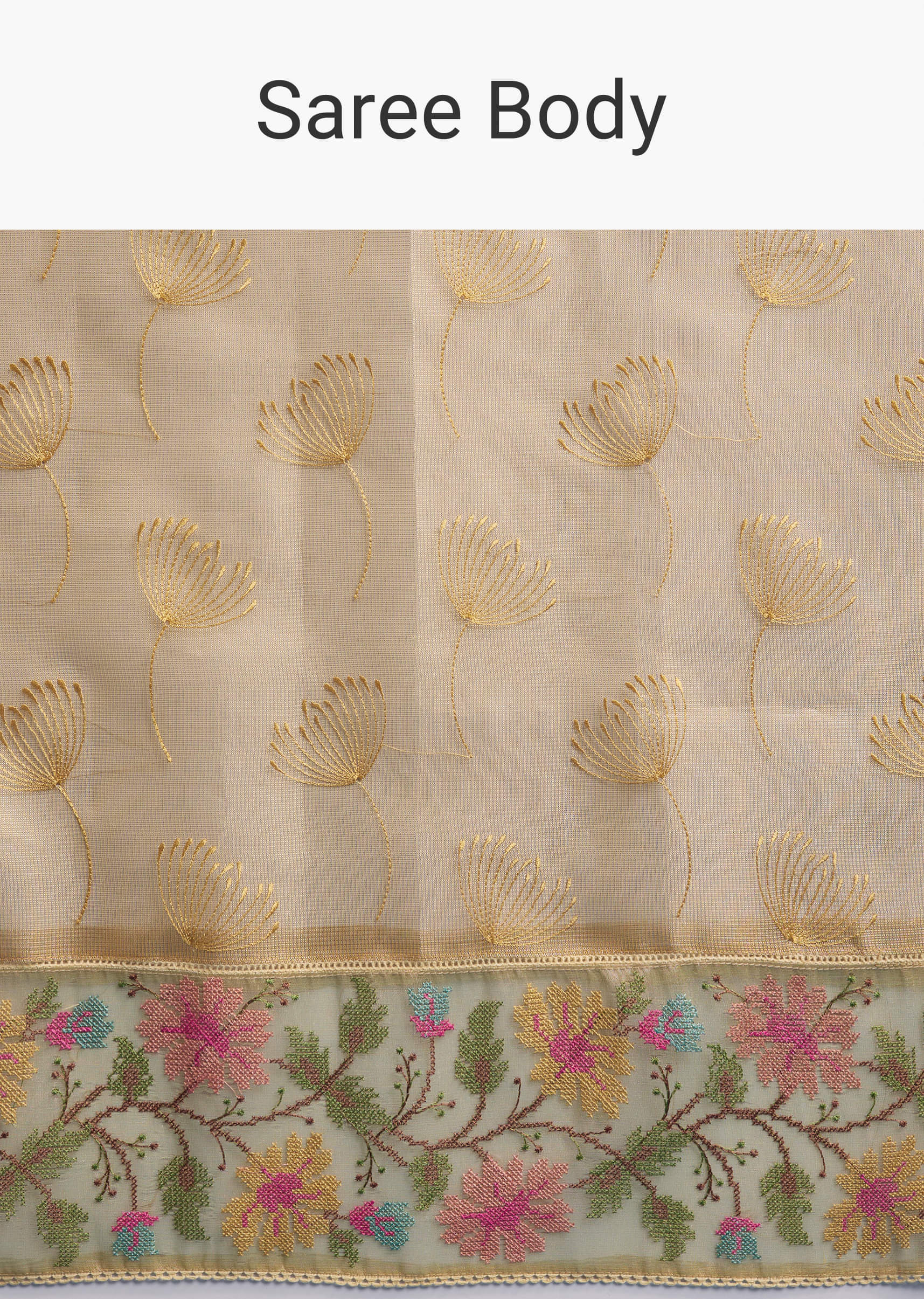 Mustard Yellow Tissue Silk Saree With Floral Resham Embroidery - Image 9