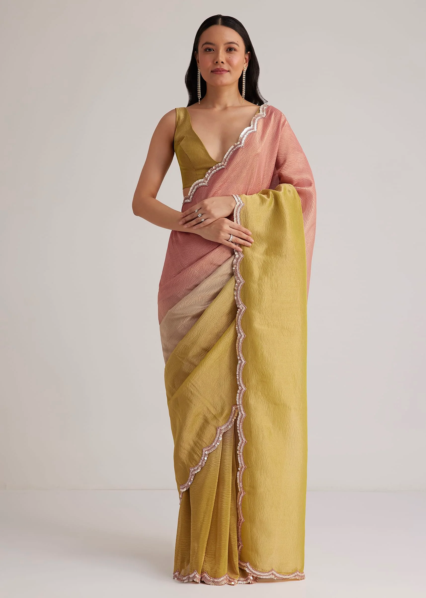 Mustard Yellow Triple Shaded Crushed Tissue Saree With Scallop Border - Image 3
