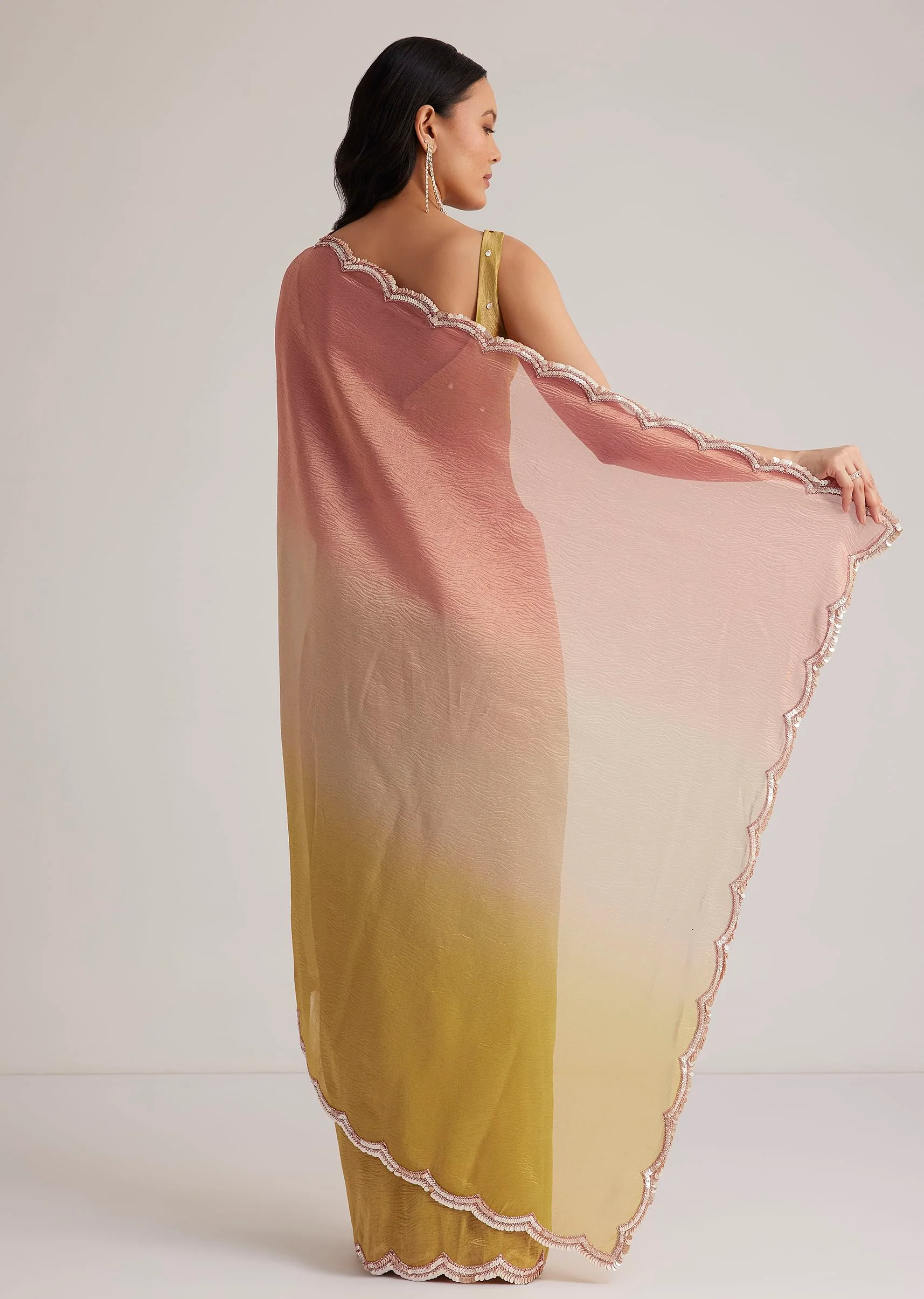 Mustard Yellow Triple Shaded Crushed Tissue Saree With Scallop Border - Image 4