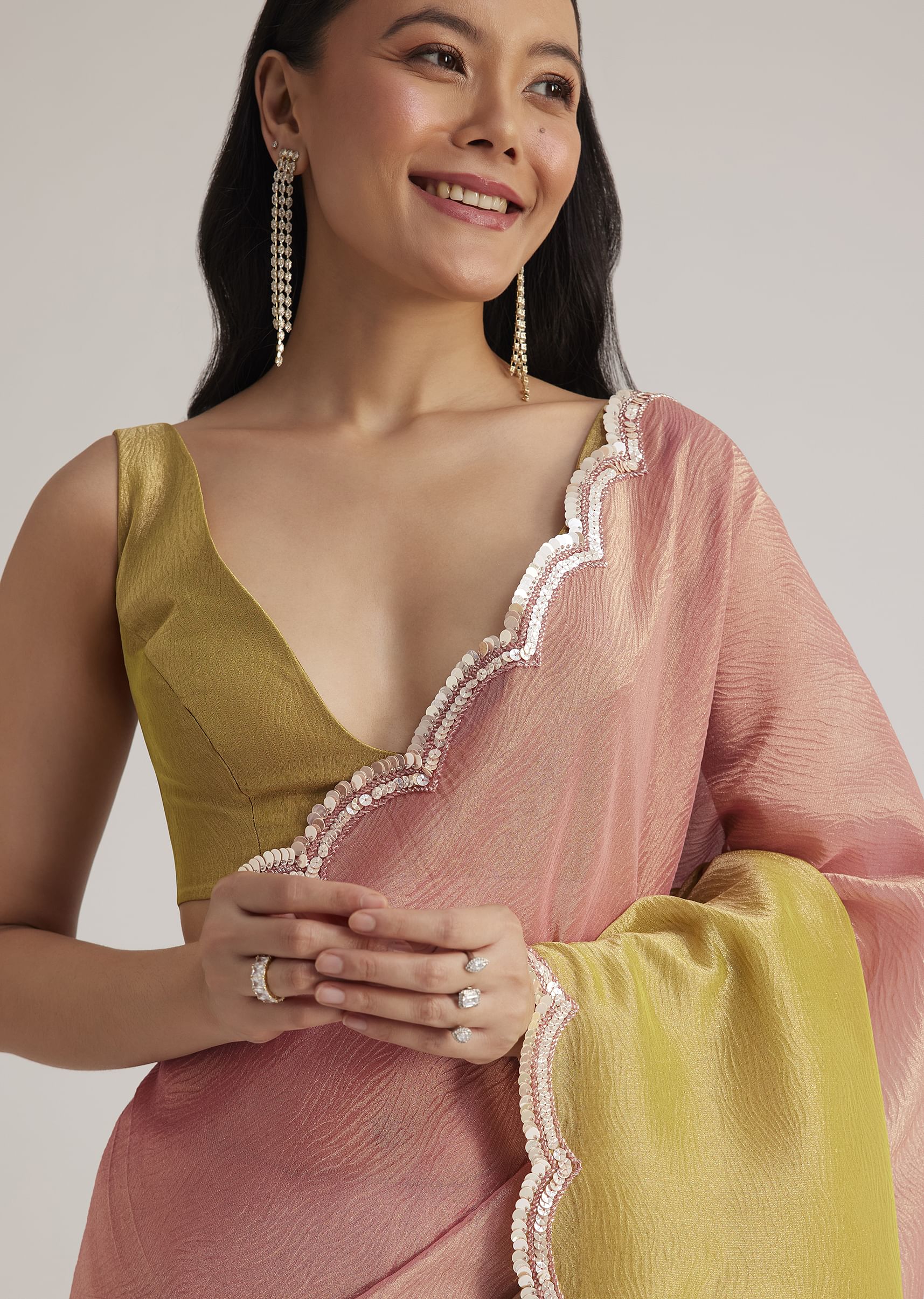 Mustard Yellow Triple Shaded Crushed Tissue Saree With Scallop Border - Image 5